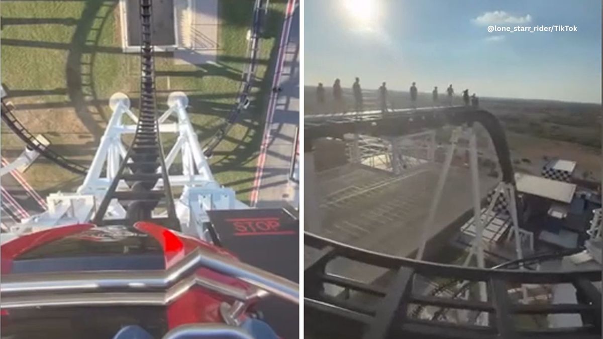 abc7newsbayarea's tweet photo. Riders left dangling as roller coaster gets stuck in vertical tilt, video shows https://t.co/XXcJ9al0Do https://t.co/CZeBNb4df2