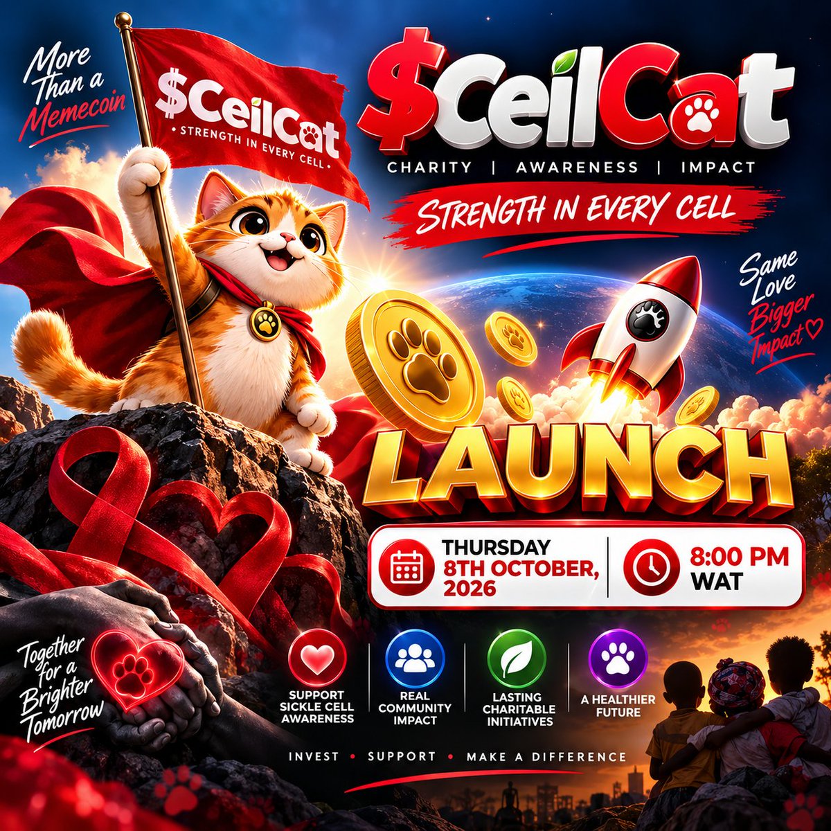 CellCatBSC's tweet photo. 🚨 OFFICIAL $CELLCAT LAUNCH ANNOUNCEMENT 🚨

$CellCat is officially launching on:

📅 Thursday, 8th October 2026
⏰ 8:00 PM WAT

This is more than a launch — it’s the beginning of a community built around CHARITY • AWARENESS • IMPACT.

🔥 IMPORTANT SECURITY NOTICE:
The $CellCat Contract Address (CA) will ONLY be published through the project’s official social media handles.

⚠️ DO NOT BUY FROM ANY CA SENT IN DMs, GROUP CHATS, COMMENTS, OR UNOFFICIAL ACCOUNTS. Scammers may attempt to impersonate the project.

🔴 Wait for the official CA. Verify before you buy.

🐱 $CellCat — Strength in Every Cell.
❤️ Same Love. Bigger Impact.

8TH OCTOBER • 8PM WAT 
— BE READY! 🚀