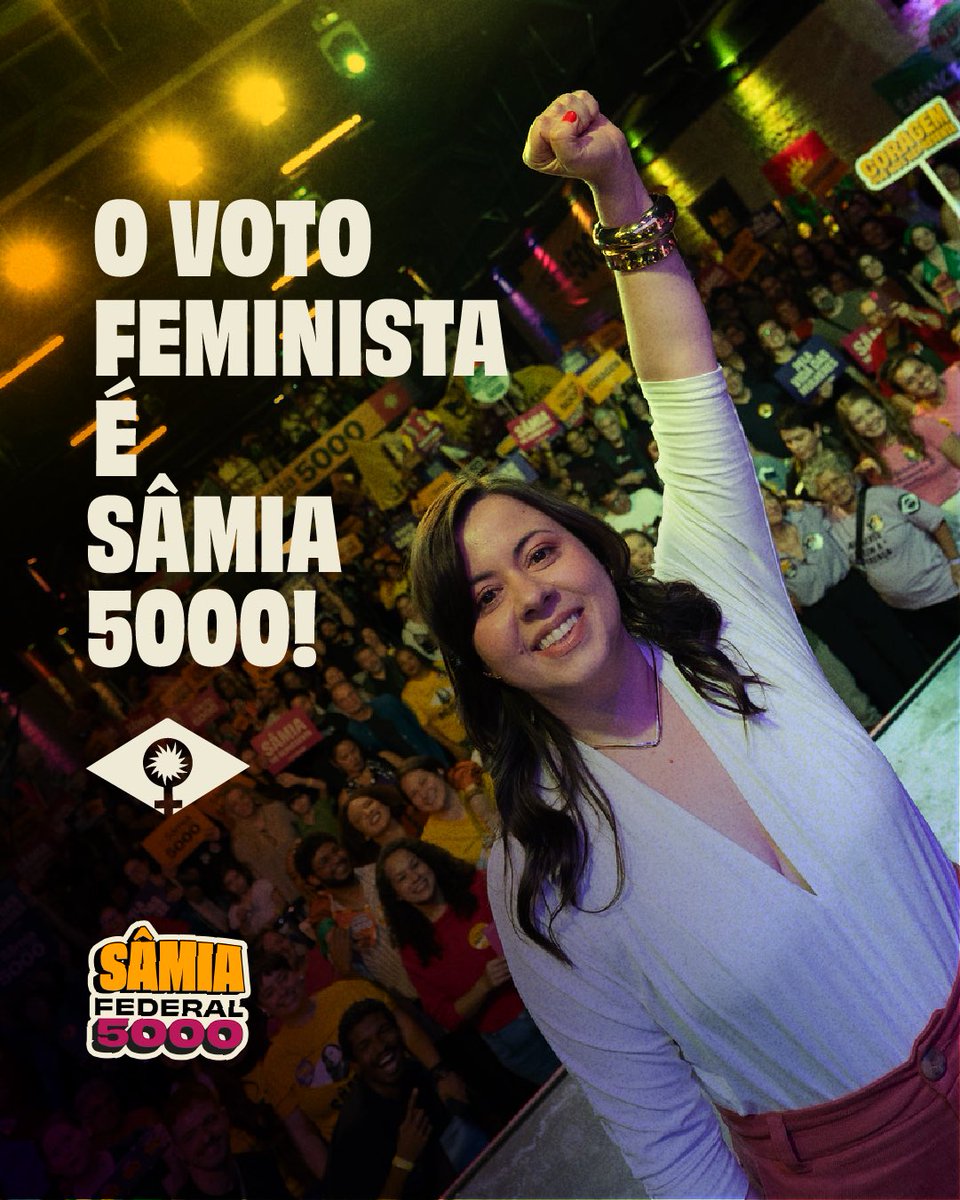 samiabomfim's tweet photo. Ei, mulher, quero falar com você! Minha trajetória política é marcada pela defesa das nossas vidas e dos nosso direitos. Quero seguir no Congresso Nacional para lutar por um futuro feminista, mas pra isso eu preciso de você. 

Nesse domingo, vote em uma feminista que nunca mudou de lado. Pra deputada federal em SP, vote Sâmia 5000.