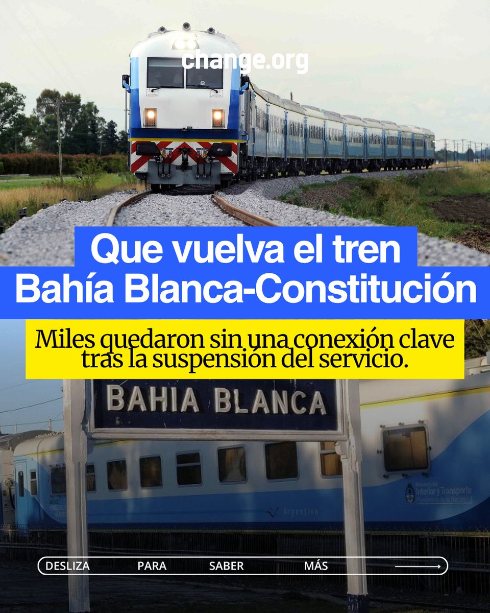 ChangeorgAR's tweet photo. 🚆 Piden restituir el tren Bahía Blanca–Plaza Constitución, clave para miles de vecinos del interior bonaerense. Firmá para exigir su pronta reactivación: https://t.co/jxqMplnoUl 

#TrenBahíaBlanca #TransportePúblico https://t.co/ni8RImJFYi
