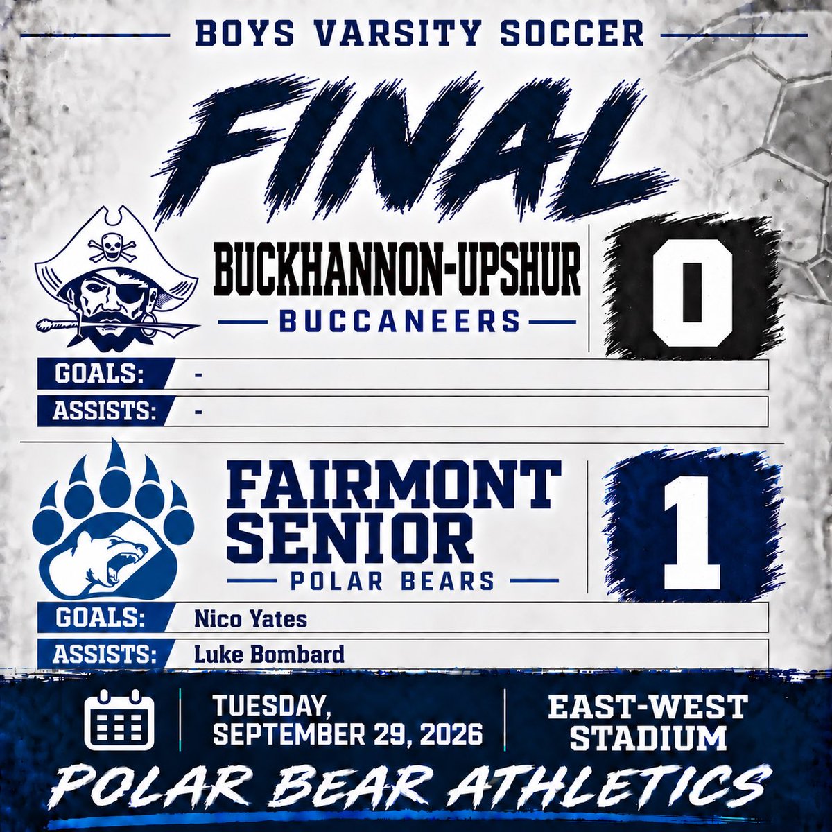 FSHS_PolarBears's tweet photo. BOYS SOCCER // FINAL

Final from 12th Street - Fairmont Senior shuts out Buckhannon-Upshur, 1-0.

⚽ Nico Yates
🎯 Assist: Luke Bombard

The Polar Bear defense makes it stand at East-West Stadium.

#YesBears | #PolarBearSoccer https://t.co/KqymNLZNFX