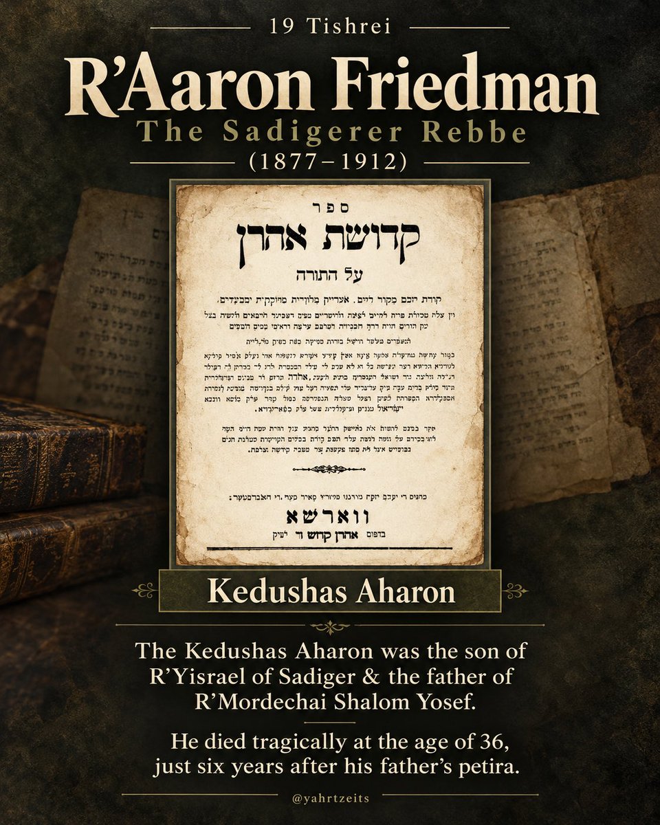 Yahrtzeits's tweet photo. 19 Tishrei: R'Aaron Friedman, the Sadigerer Rebbe (1877-1912). The Kedushas Aharon was the son of R'Yisrael of Sadiger &amp; the father of R'Mordechai Shalom Yosef. He died tragically at the age of 36, just six years after his father’s petira. https://t.co/2tPF3Vi8Oc