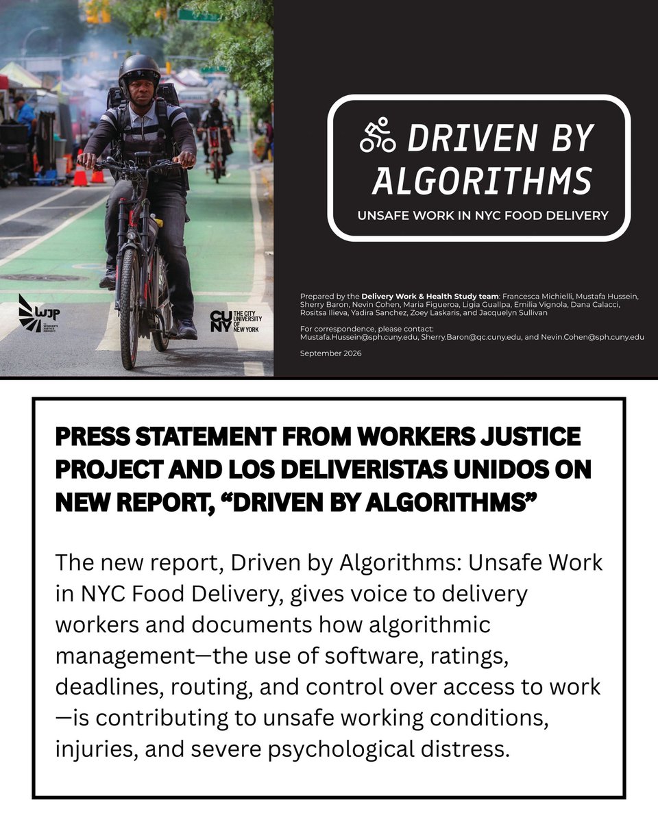 LosDeliveristas's tweet photo. NEW REPORT: Driven by Algorithms exposes how delivery apps put deliveristas at risk.

At @LosDeliveristas, we know street safety is worker safety. We demand real protections, safer streets, &amp; a voice in shaping the policies that affect our lives. 1/5👇🏾
📖 https://t.co/NqanZCPHHE https://t.co/5q3VCdCeND