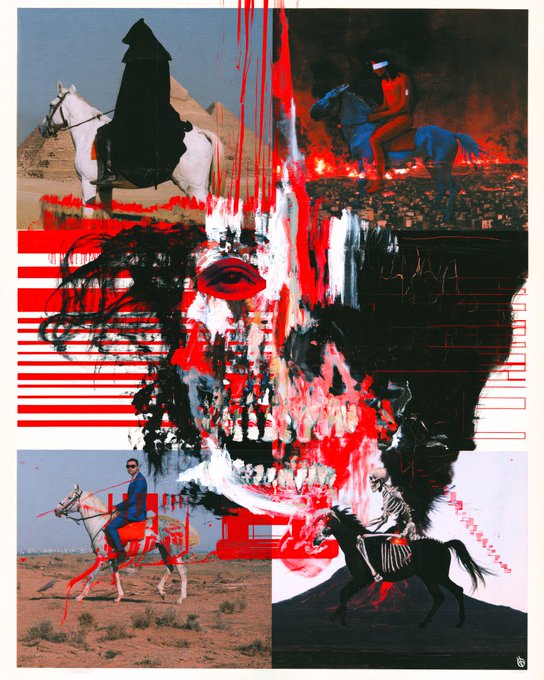 A collage artwork featuring a central face melting into a skull, surrounded by scenes including a figure on a white horse, a rider on a blue horse in fire, and Native American figures.