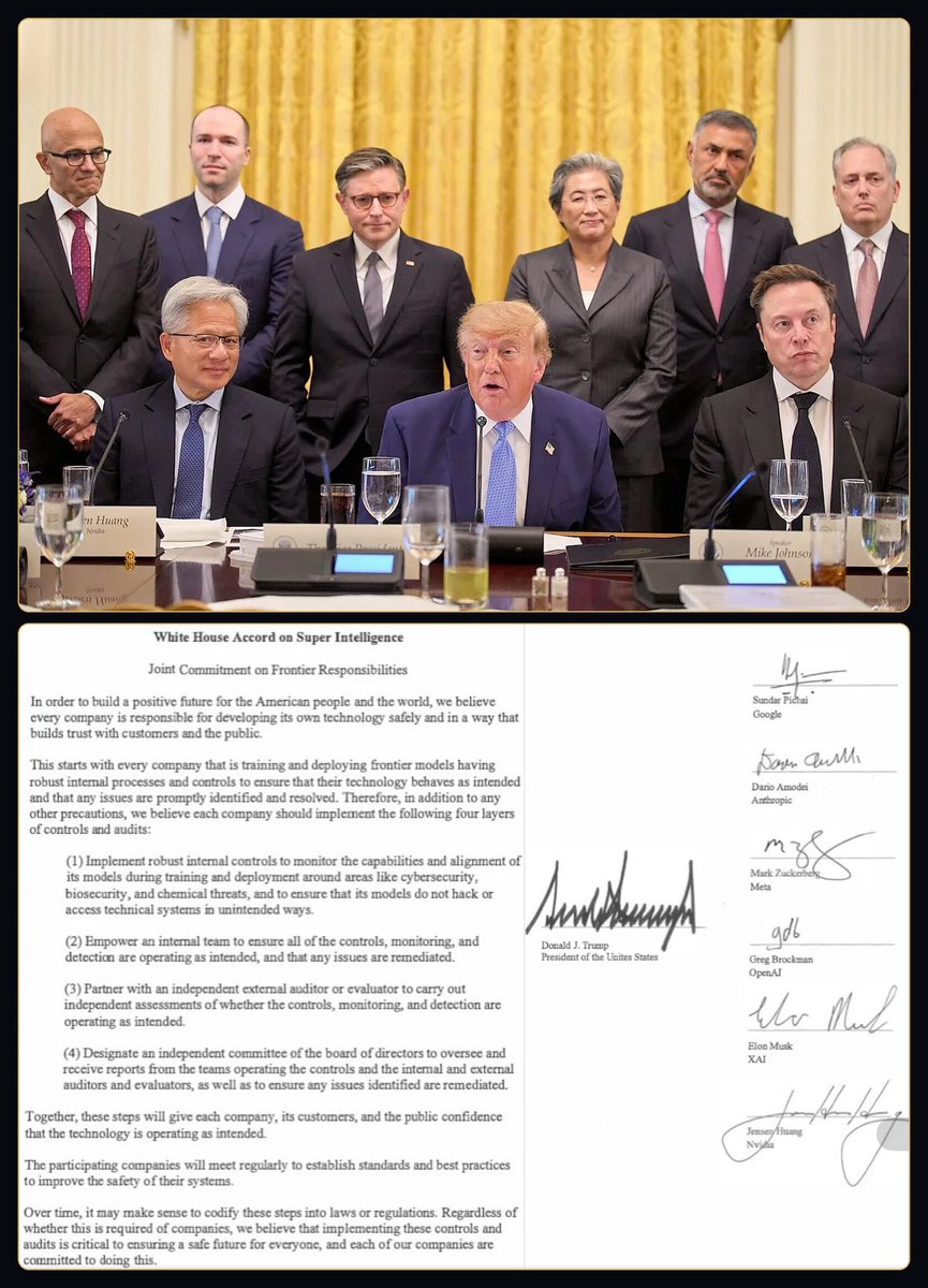 AaronChannel8's tweet photo. 特朗普刚刚发布《白宫超级智能协议》🇺🇸

今天现场签署名单：
• 埃隆·马斯克
• 黄仁勋
• 桑达尔·皮查伊
• 达里奥·阿莫代伊
• 马克·扎克伯格
• 格雷格·布罗克曼
• 特朗普总统

美国行政部门术语正式切换：
人工智能 Artificial Intelligence → 超级智能 Super Intelligence
AI → SI

#SuperIntelligence #SI #Trump #WhiteHouseAccord #TechPolicy