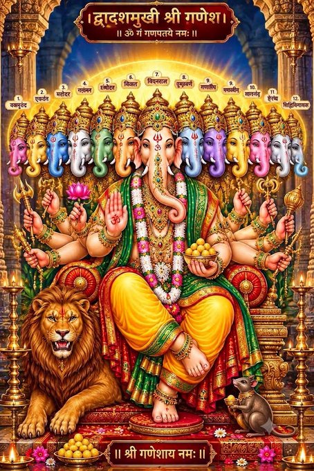 An ornate illustration of Lord Ganesha with multiple heads and arms, sitting with a lion and a mouse, with Hindi text including '।। द्वादशमुखी श्री गणेश ।।' and '।। श्री गणेशाय नमः ।।'.