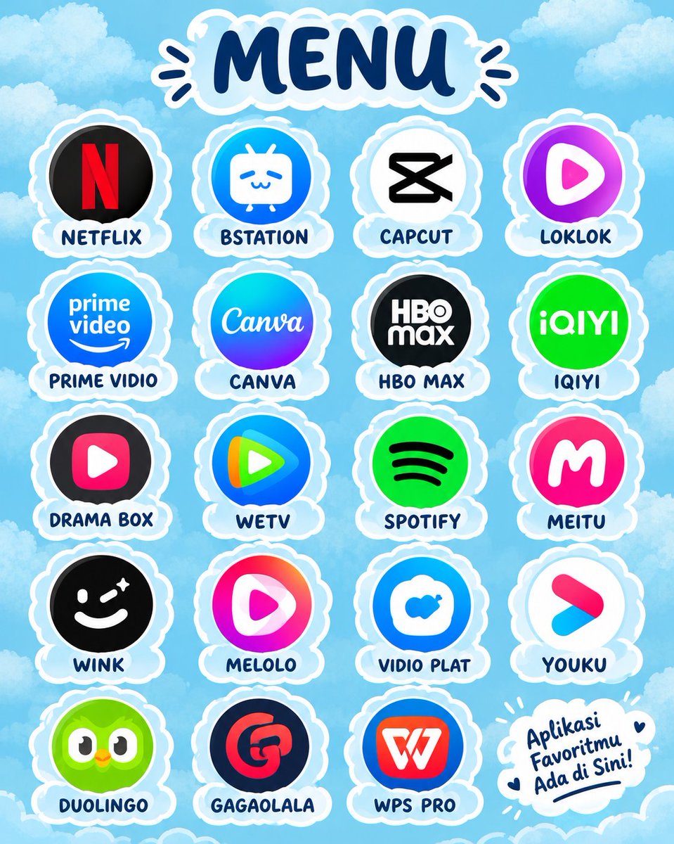 perystore1's tweet photo. morning semua #wts aplikasi premium bergaransi, murah" yu mulai mingguan bulanan, tahunan admin fast respon🥰🫰🏻

ada netf,bstation,capcut,loklok,primevidio,canva,hbomax,iqiyi,dramabox,wetv,spoti,meitu,wink,melulu,vidioplqt,youku,duolingo, dll
#zonauang #zonaba #zonajajan https://t.co/GyHSnPbW4P