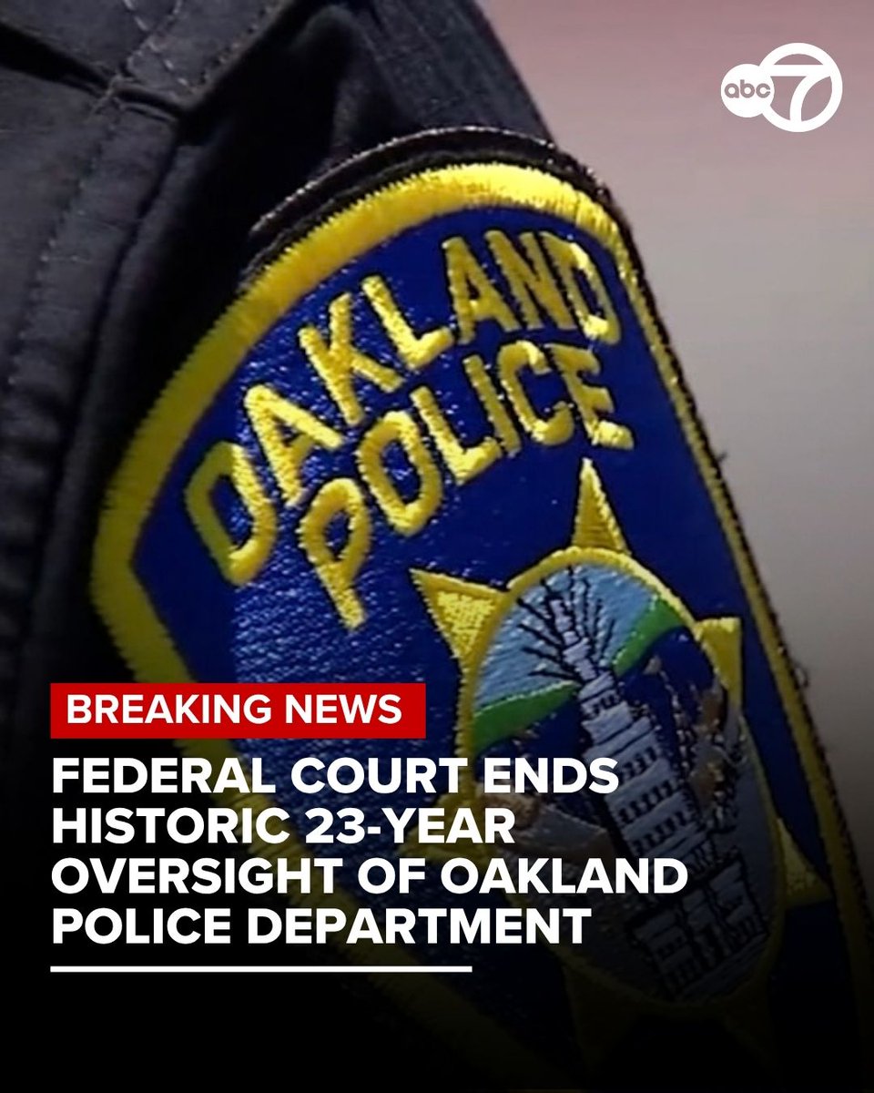 abc7newsbayarea's tweet photo. A federal judge on Tuesday has officially terminated the federal court oversight of the Oakland Police Department, bringing an end to the longest-running police monitorship in U.S. history. https://t.co/jo3j8rhHy6 https://t.co/6VUjMkgJLV