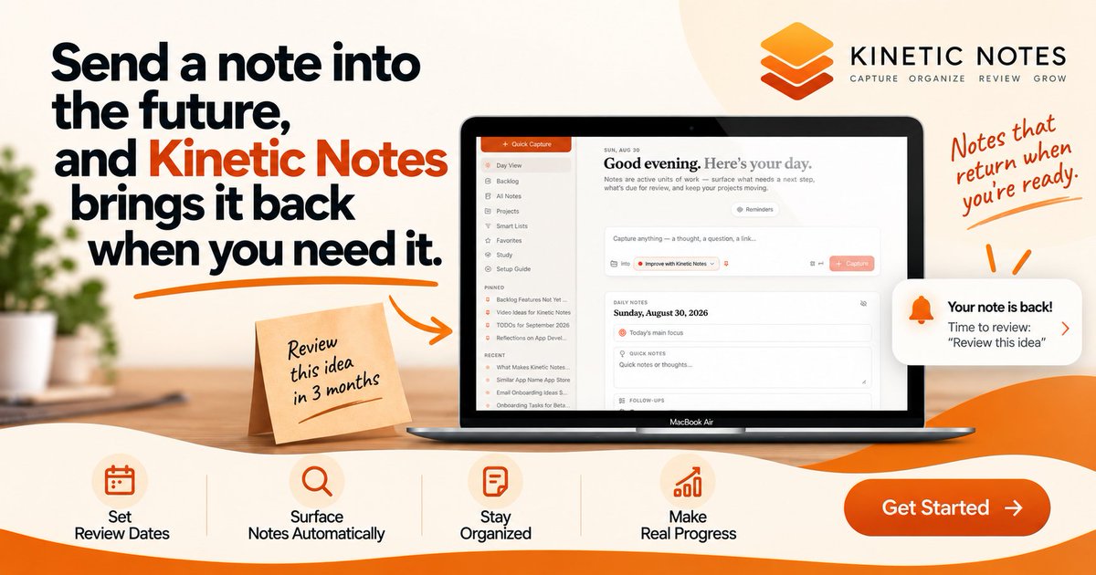 macautotips's tweet photo. I've got 300+ notes in Notion I'll never open again. I have to search for them. Tags don't resurface them.
Kinetic Notes flags stale notes after 30 days so they can't hide forever! .My notes resurface on schedule.
#WebApp #Students #ProductivityApp #NotesApp #Base44 https://t.co/rH4BlkDVVu
