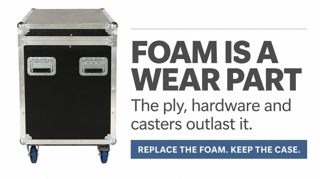 akflightcases's tweet photo. Foam is a wear part. The ply, hardware and casters outlast it, so don't retire a sound case just because the padding packed out. Replace the foam, keep the case. https://t.co/awdg64MzBD