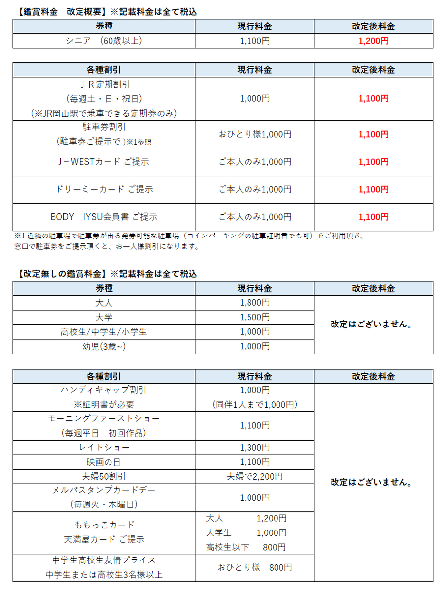 okayamamerpa's tweet photo. 平素より岡山メルパをご利用いただき、誠にありがとうございます。
このたび岡山メルパでは、サービス品質の維持・向上を目的として、2026年12月1日（火）より映画鑑賞料金および各種割引サービスの一部を改定いたします。
何卒ご理解賜りますようお願い申し上げ���す。 https://t.co/F3wpKNWNor