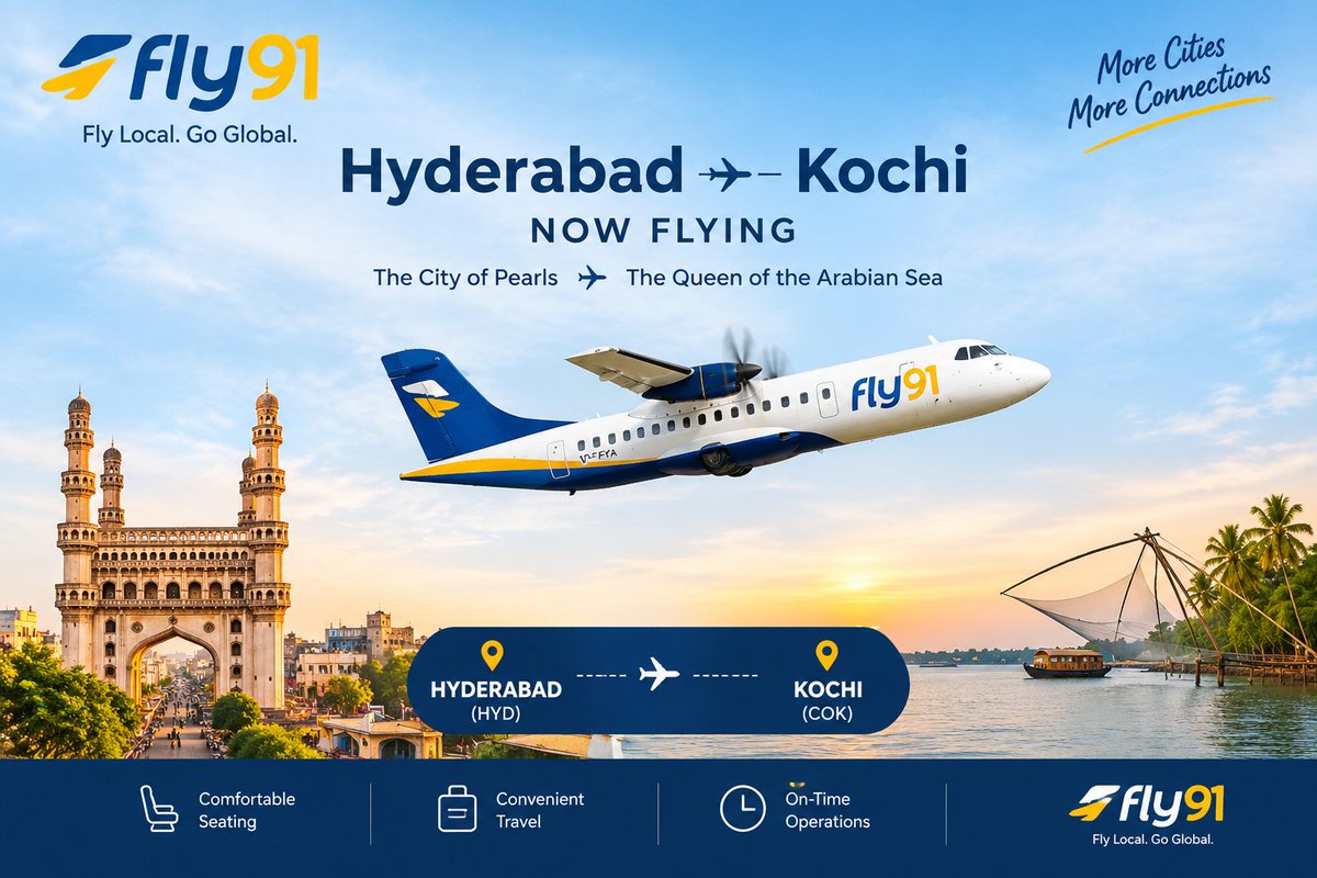 SkyHYD's tweet photo. ✈️ Fly91 launches #Hyderabad -#Kochi 4x weekly flight from Oct 11

IC 3105 HYD-COK 1010
IC 3106 COK-HYD 1635

#Aviation #Telangana #Keralam #FlyHYD #Fly91 https://t.co/VynOTJBB0m