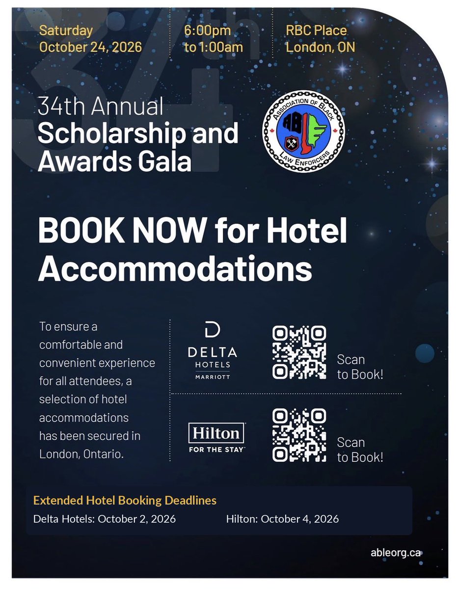 ABLE_org's tweet photo. Hotel booking deadlines have been EXTENDED for the 34th Annual A.B.L.E. Scholarship &amp; Awards Gala!

Delta Hotels: Oct. 2, 2026
Hilton London: Oct. 4, 2026

Gala: Oct. 24 | RBC Place London

Book soon and visit https://t.co/EU6DpRBgiJ for details. https://t.co/4ogiEvweGS