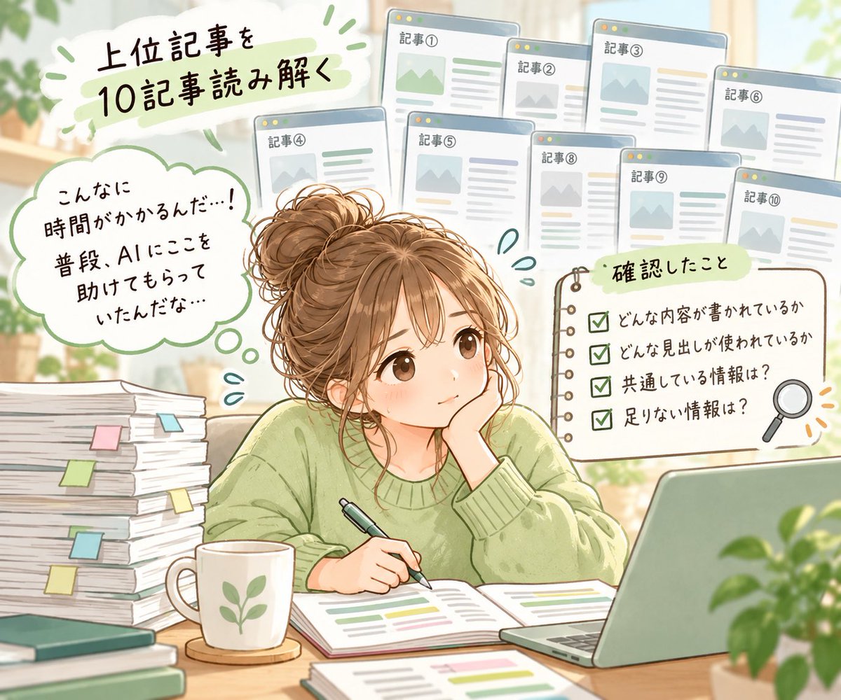 naoyoj8's tweet photo. 一番大変だったのは、競合分析。

上位10記事を一つずつ読み、見出しや共通点、不足している情報を確認しました。

想像以上に時間がかかって、
「普段、AIにここを助けてもらっていたんだ」
と初めて実感しました。 https://t.co/azArZg3emg