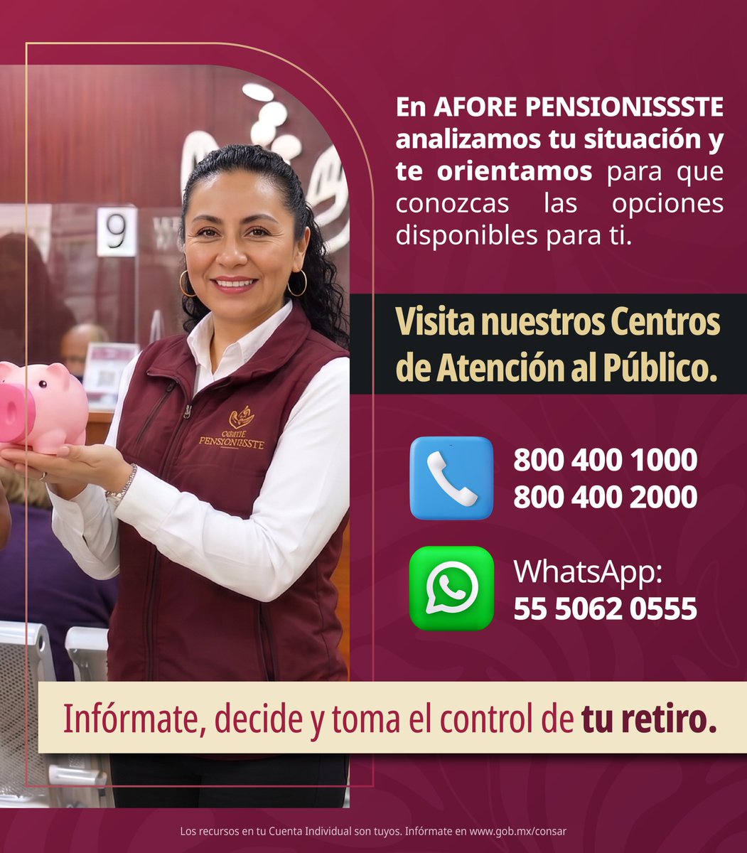 PENSIONISSSTE_'s tweet photo. 📢 Tu retiro merece respuestas claras, no suposiciones.

💚 En AFORE PENSIONISSSTE te orientamos con información clara y conforme a la normatividad aplicable.

👉 Acércate a nosotros y resuelve tus dudas sobre tu Cuenta Individual y tu retiro.

#AFOREPENSIONISSSTE #YoTeExplico #AhorroParaElRetiro #Pensión #IMSS #ISSSTE