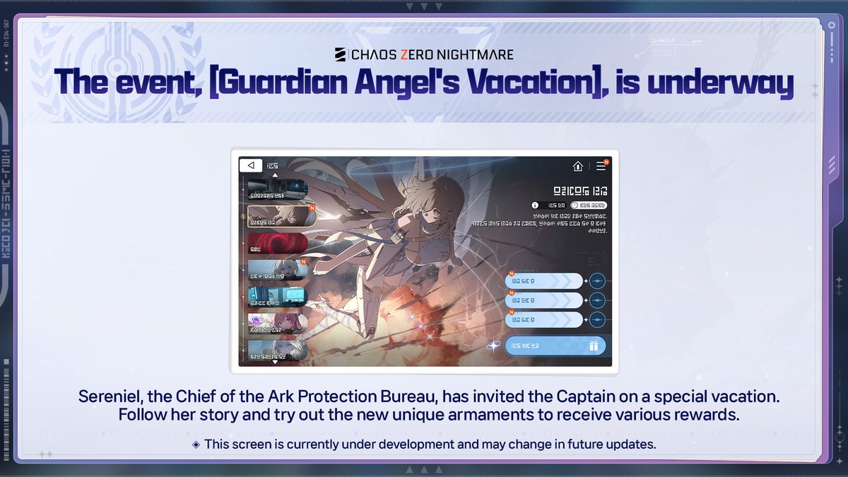 CZN_Official_EN's tweet photo. ◤Event – [Guardian Angel's Vacation] Now Underway◢

Sereniel has invited the Captain on a special vacation! Join her for a vacation unlike any other and help Sereniel perform at her best in battle.

#ChaosZeroNightmare #CZN https://t.co/Z0FSv4FixQ