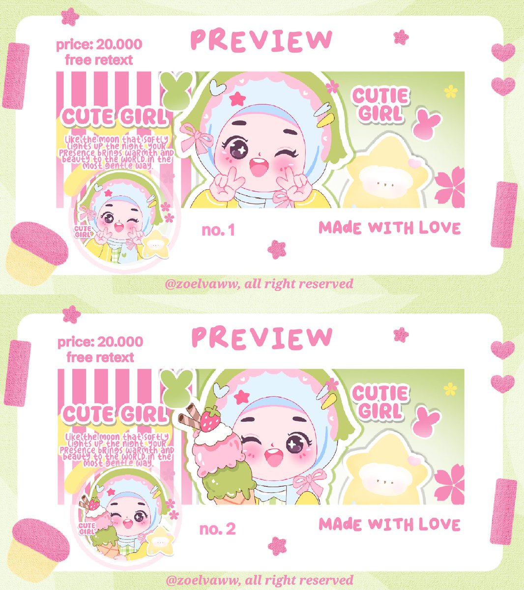 zoelvaww's tweet photo. help rt, thanks! 🩷

haii aku ada 14 ready stok layout chibi gemas harganya hanya 20.000/ea (free retext ) layout nya avail bundle wabis. yuk di take layout nya 💗 

layout x only: 20k/ea
layout wabis only: 18k/ea
bundle wabis: 38k/ea
#zonauang https://t.co/miHoFCcft5