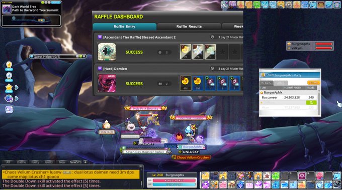A screenshot from an MMORPG game showing a 'Raffle Dashboard' with 'SUCCESS' entries for items like '[Ascendant Tier Raffle] Blessed Ascendant 2,' set against a dark, chaotic in-game environment with various UI elements and chat windows.