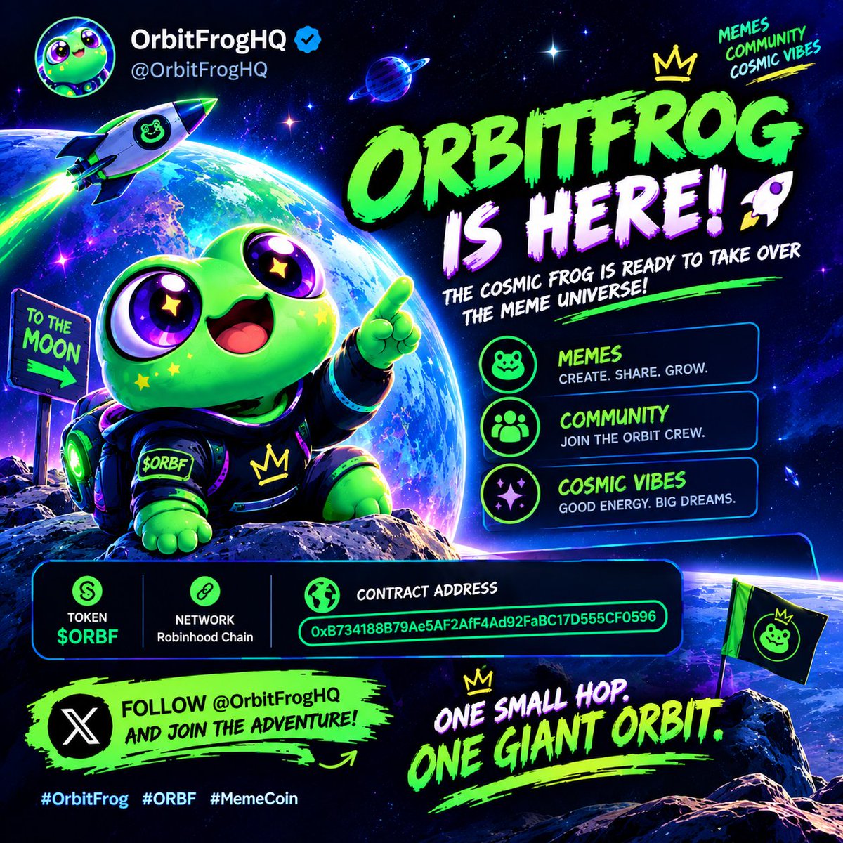 OrbitFrogHQ's tweet photo. 🐸🌌 ORBITFROG ($ORBF) IS LIVE! 🚀

The cosmic frog has landed on Robinhood Chain! 💚

🌠 Memes. Community. Cosmic vibes.
🐸 Join the Orbit Crew: @OrbitFrogHQ
🪙 Token: $ORBF

📜 Contract Address:
0xB734188B79Ae5AF2AfF4Ad92FaBC17D555CF0596

🌐 Explore: @ponsdotfamily

#OrbitFrog https://t.co/W1vhoilw76