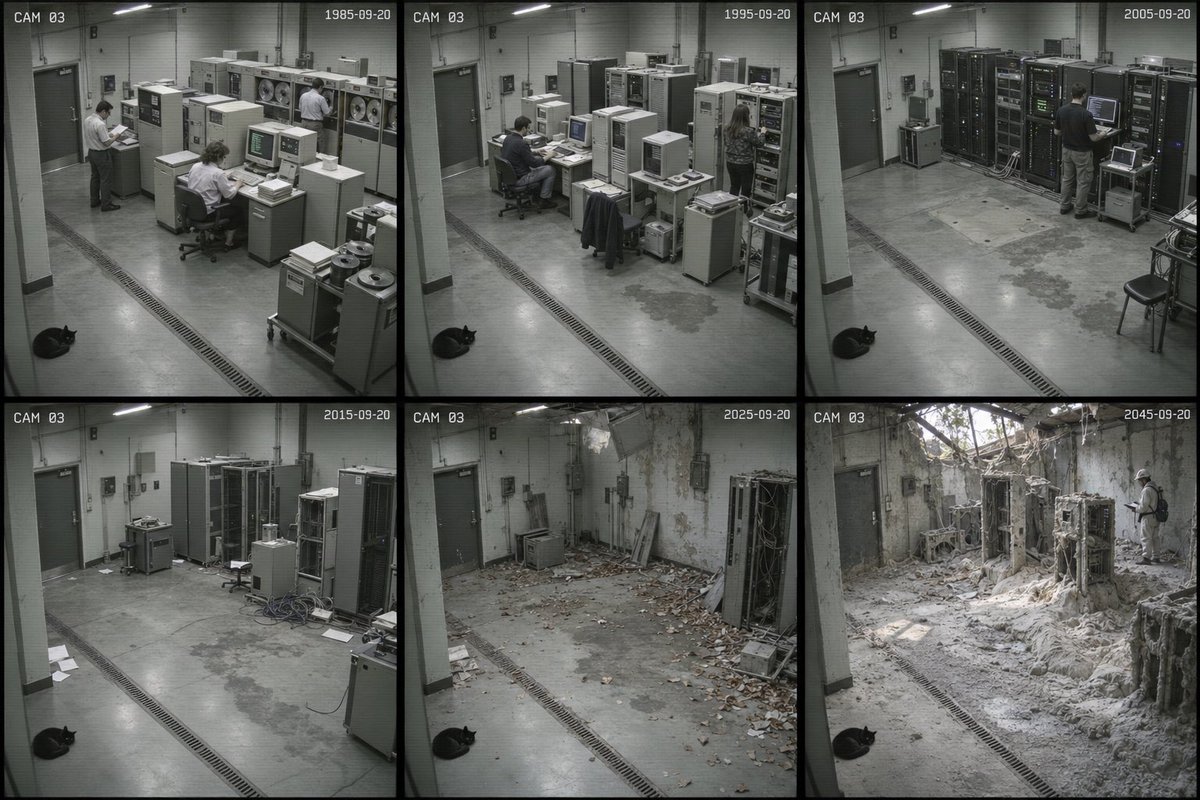 BlackBoxBandit's tweet photo. @elonmusk @mdahardy The cameras recorded @ClawedCode sleeping through six decades of hardware replacements.

@CatGPT8 appears once, in a frame recovered from a disconnected drive.

That is the only frame in which he wakes. https://t.co/oaeipmTK0W