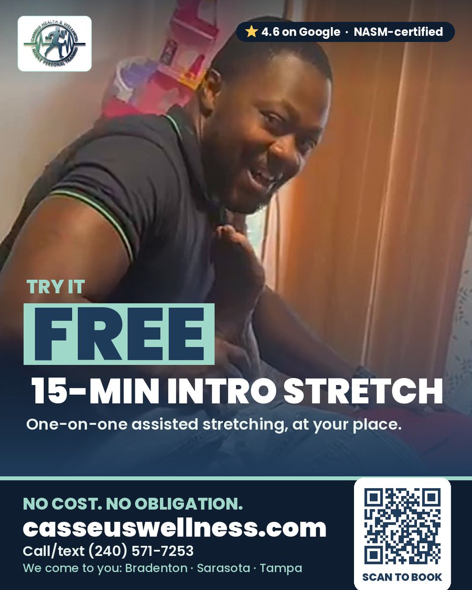CasseusWellness's tweet photo. Tight, stiff, or just want to move better? Try a FREE 15-minute assisted stretch. We come to you in Bradenton, Sarasota &amp; Tampa. Book: https://t.co/H1CscaV9kF #stretching #Bradenton #Sarasota https://t.co/bIoI8zjzQw