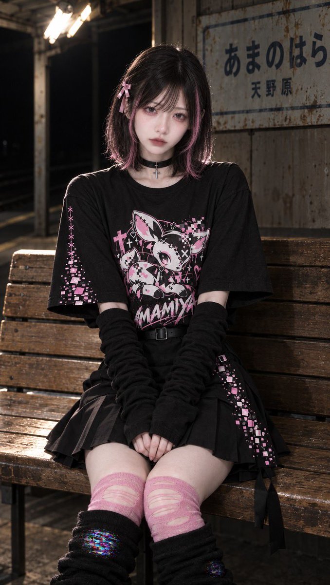 AMAMIYA_ofcl's tweet photo. AMAMIYA No.5「灯 / Ember」｜Model：莉乃

誰もいないホームに、ひとつだけ残る灯。
黒とくすみピンク、小鹿とグリッチを重ねた一着です。

専属AIモデル莉乃の応援よろしくお願いします🖤
#AMAMIYA #AIファッション #サブカル地雷 https://t.co/EzWlJIPFoV