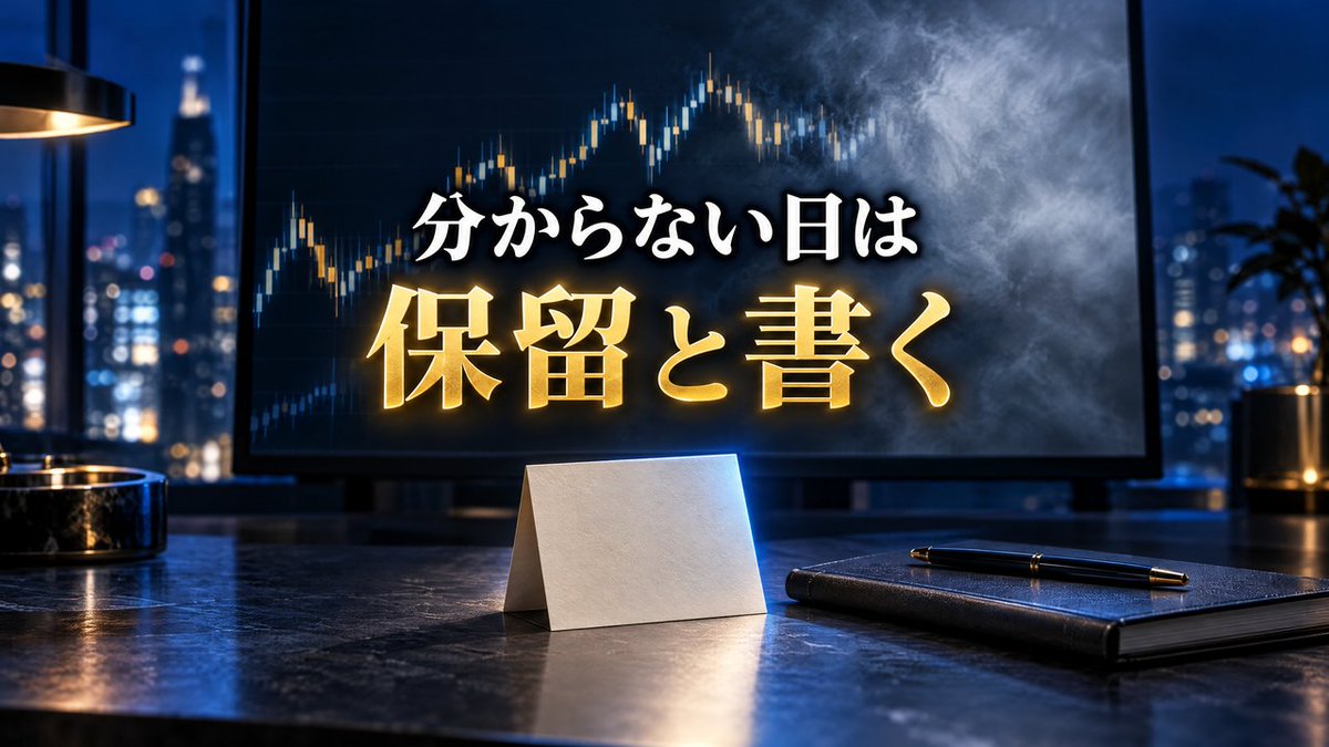 FXCFD_'s tweet photo. 【分かるところだけで入らない】保留を一行で残す日の作り方

前に記事で、負けが続いていた頃の自分の入り方として「入る前の確認が短い」「場所より形を先に見ている」と書いたことがあります。読んでくださった方から「めっちゃ刺さりました」「ダメダメだった時がまさにソレでした」と返ってきて、夜にそのコメントを読みながら、僕も自分のダメダメだった頃の画面を思い出していました。

✅ 形だけ見て入った晩

冬のある晩、帰ってきて夜の9時ごろにチャートを開いたら、下位足でローソク足がきれいに並んで、押してから切り上げる形ができていました。何度もうまくいった並びだったので、見た瞬間にもう注文の準備をしていたんです。

ただ、直前の数本はだんだん短くなっていて、勢いが途切れかけていました。そのことは画面に映っていたのに、入る前のメモには形の名前しか書いていません。入ってすぐに動きが止まって、しばらく横ばいが続いたあと、損切りまで戻されました。

切られたあとでメモを見返して、ローソク足が短くなっていたことを一文字も書いていないのに気づいたんですよね。その晩は切られたあとも、しばらく同じ画面を眺めていました。悔しいというより、どこで間違えたのかが分からなかったんです。形は合っていたのに、と何度も思いながら、見えていたはずのものがメモの上では無かったことになっているのを、やっと飲み込みました。

📌 読めない所には、札が立たない

画面には、ここは分からない、という札は出てきません。読める形はすぐ目に飛び込んでくるのに、読めない部分は映っていても素通りしてしまいます。気をつけよう、と何度も思いましたが、気をつける相手が見えていないので、効いた覚えがほとんど無いんです。

ローソク足が短くなっていくのは、読めない側の代表みたいなものだと思っています。形は一枚の絵として目に入りますが、勢いが弱まっていくのは数本を見比べないと分からないので、見た瞬間には入ってこないんですよね。

そこで手順のほうに一行足しました。入る前のメモに、今この画面で言葉にできない部分を一つだけ書く欄です。メモといっても、チャートの横に置いたノートに書いているだけで、上の行が入る理由、その下の行が保留になっています。

> 【保留：勢いが続くか分からない】

理由までは書かなくていいことにしています。画面のどこの話かさえ指せていれば足ります。

最初の頃は「なんとなく不安」と書いた日もあったんですが、それだとあとで読み返しても何も分かりませんでした。不安は気持ちの話で、画面のどこも指していないんですよね。勢いの話なのか、止まりそうな場所の話なのかが分かる書き方にしてから、翌週に読み返した時に使えるようになりました。

書こうとしても何も浮かばない日もあって、そういう日は、まだ探せていない、と書くことにしました。浮かばない日は、たいてい画面をちゃんと見ていない日だったからです。夜に用事があってチャートを見る時間があまり取れなさそうな日も、この欄が埋まらないので、そういう日はそもそも入らないことにしています。

💡 欄が一つあると、確認が一往復ぶん長くなる

コメントにあった確認が短いという話で言うと、保留の欄を作って変わったのはまさにそこでした。欄が空いていると埋めるまで注文を出さないと決めたので、入る前に画面をもう一往復することになります。上位足と下位足を往復して、止まりそうな場所に一度は目をやってから、書けない部分が残っていればそれを保留に書きます。

あの晩に保留として書くべきだった一行は、今はそのまま自分の決まりになっています。下位足のローソク足が短くなって勢いが途切れているところでは、形がどれだけきれいでも入りません。

🌟 書いた保留を、消しにいかない

保留を書くと、今度はそれを消したくなる時期が来ます。僕も始めて二週目くらいは、保留が一行でも書いてあると落ち着かなくて、調べて分かるようにしてから入ろうとしていました。上位足を開いて、下位足に戻って、また上位足を開いて、気づいたら日付が変わっていて、その日は一回も入っていない。そんな夜が何日か続いて、翌朝の疲れ方がひどかったんですよね。分からない部分はどれだけ見てもどこかに残るので、今は保留が書いてある状態で入る日もあります。たとえば【保留：少し上に前の高値が残っていて、そこで止まるか分からない】と書いた日は、その高値の手前で利確すると先に決めて、いつもより小さく入りました。困るのは、残っていることに気づかないまま注文を出すほうだと思っています。

もし形だけで入っていた覚えがあったら、次の一回だけでいいので、メモの下に一行空けておいてみてください。何も書けなかったら、それも一つの答えだと思います。

ダメダメだった頃のメモを今見ると、形の名前がきれいに並んでいて、保留の欄はどこにもありませんでした^^

今後のトレードに役立つ内容を詰め込んだのでこの投稿を保存して見返してください