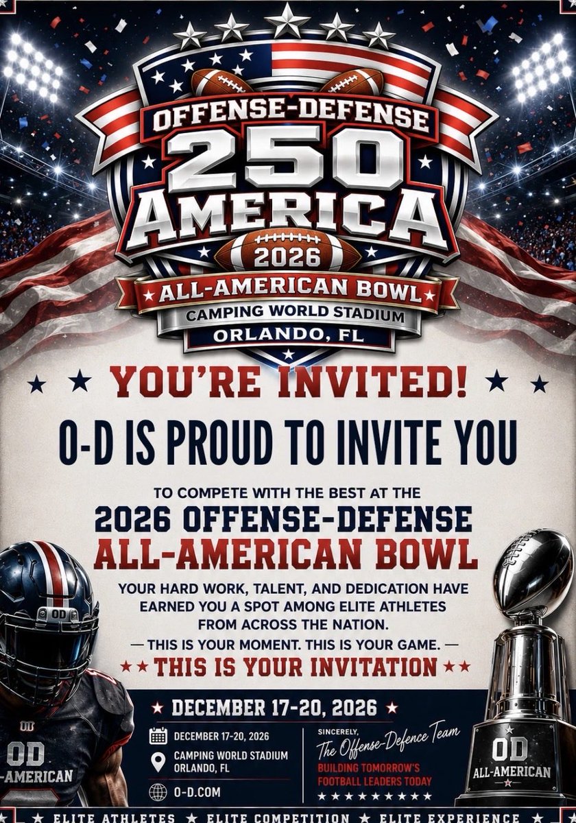 MasonTamburo's tweet photo. Blessed to have received an offer from @ODFootballCamps to compete at this years annual All American Bowl for the second time! Lets get after it!
(12/20/2026 @ World Camping Stadium, Orlando FL)
#football #allamerican https://t.co/gkwgeg6TyO