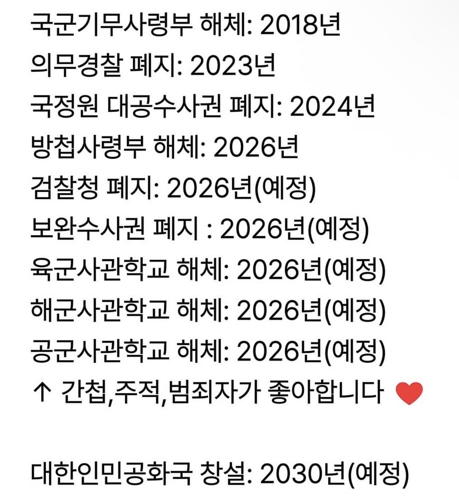 HodlKing21M's tweet photo. 안보·수사 기관이 줄줄이 사라지는 중임

기무사 2018년 개편
국정원 대공수사권 2024년 폐지
방첩사령부 2026년 7월 31일 해체
검찰청 10월 2일 폐지

육해공 사관학교도 하나로 합치겠다고 추진 중임
동문, 예비역, 시민단체 82곳, 51곳이
반대하는데도 밀어붙이는 중임 

공청회는 4시간 내내 난장판이었음

간첩 잡던 곳, 군 방첩하던 곳,
수사하던 곳이 차례로 바뀌는데
빈자리를 누가 어떻게 채우는지는
아직 국민이 모름

안보 조직 바꾸려면 대체 기관이 제대로
돌아간다는 걸 먼저 보여줘야 하는 거 아니냐?

공소청, 중수청은 개청 첫날부터
인력이 모자란다는 얘기가 나옴

개혁이 맞다고 해도 순서는
준비가 먼저고 폐지는 그다음임