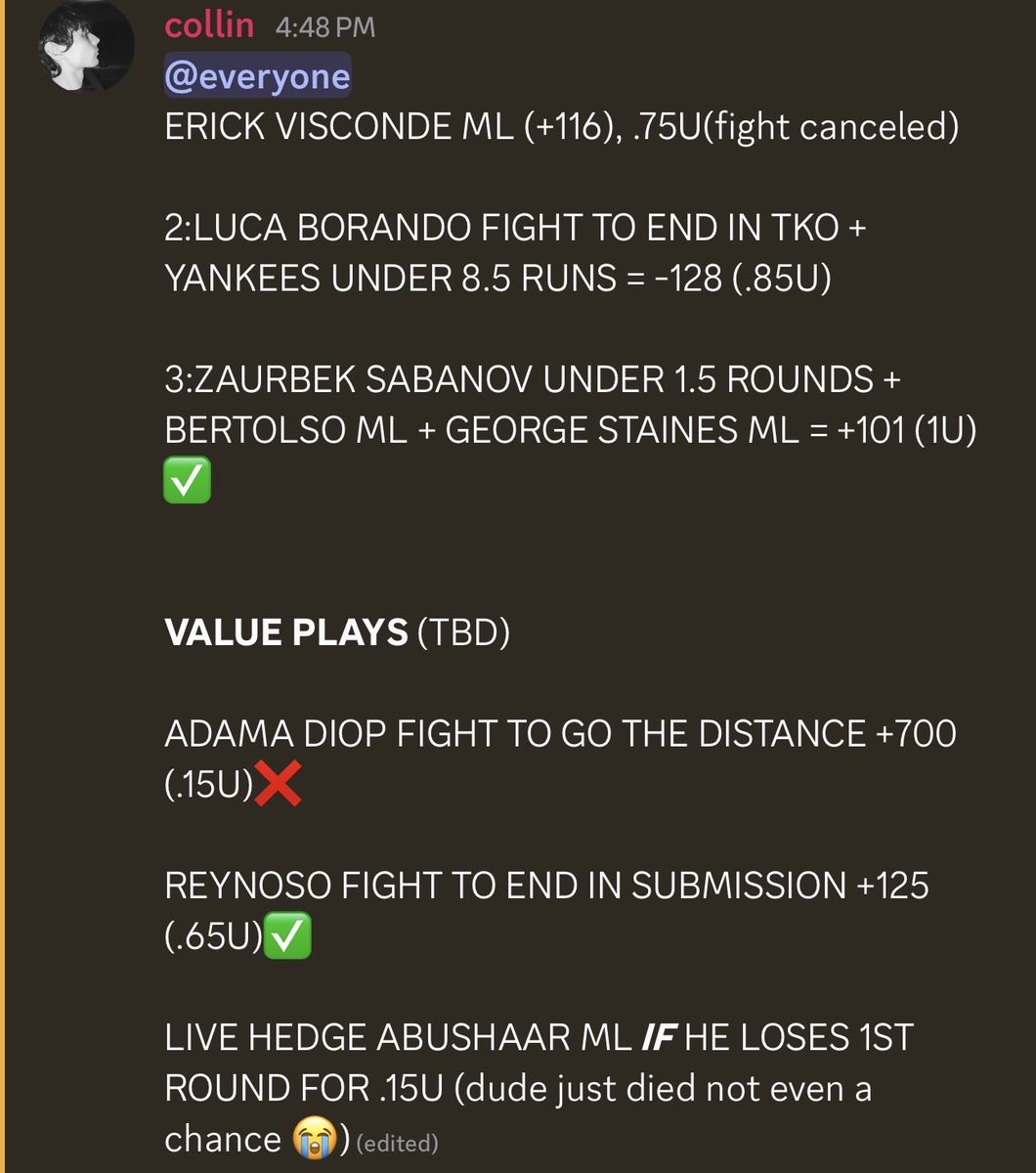 COLLINGAMBLES's tweet photo. GIVE ME CREDIT WHERE CREDIT IS DUE AND JOIN THAT DISCORD BABY LINK IN BIOOOO SWEEPPPP #dwcs #mlb #sportsbetting #danawhitecontenderseries https://t.co/VwIfDfNU7u