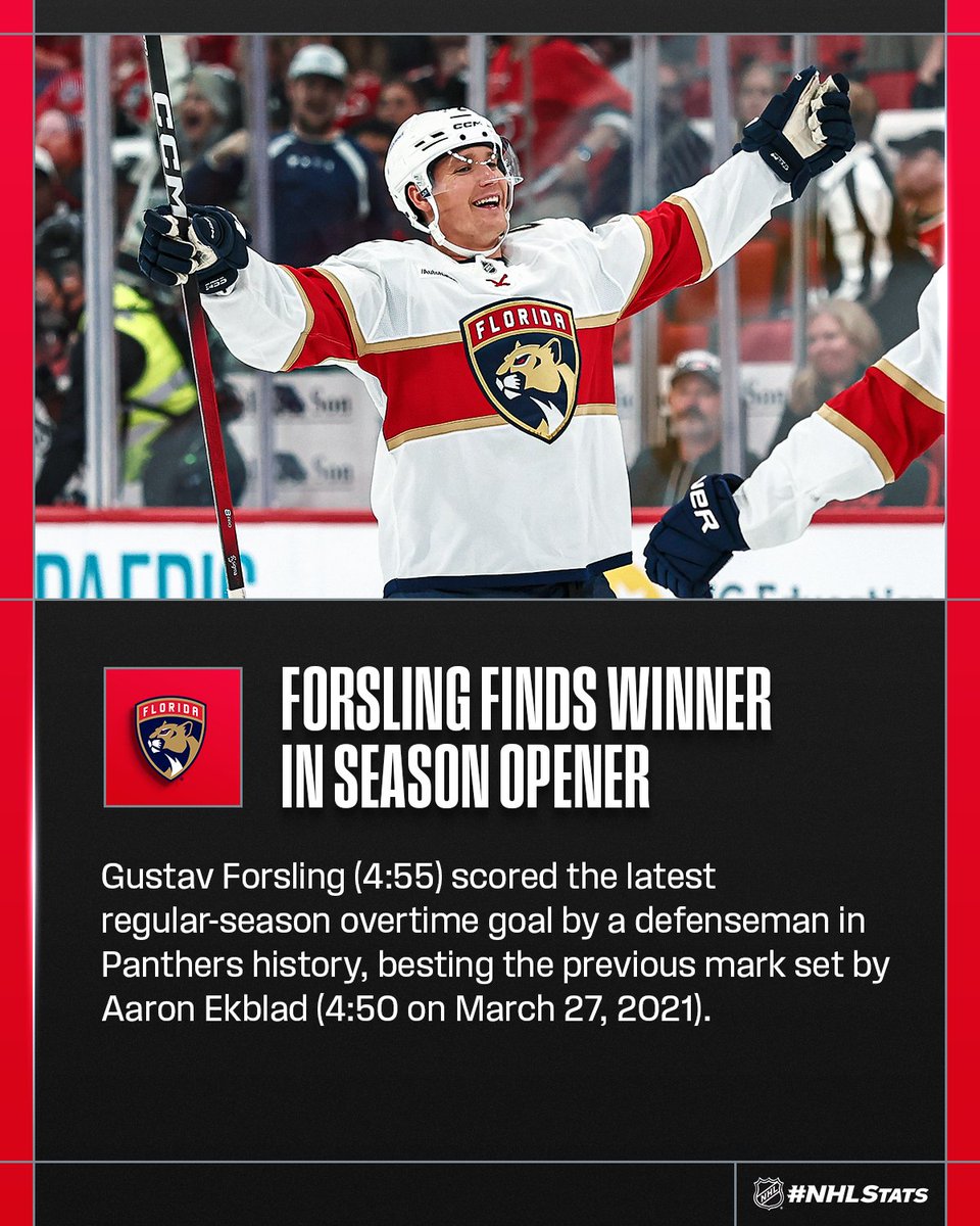 NHLPR's tweet photo. Gustav Forsling helped the @FlaPanthers earn the season-opening road victory by scoring with five seconds to go in overtime. #NHLFaceoff #NHLStats https://t.co/W9Tk87CuHS
