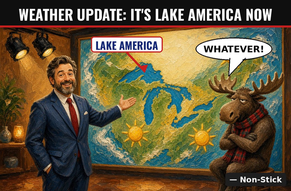 RealNonStick's tweet photo. AccuWeather and the National Weather Service now call it Lake America. Canada's official response is below.
— Non-Stick
#LakeAmerica #Canada #cdnpoli #PoliticalSatire #NonStick https://t.co/3b02pl2DQq