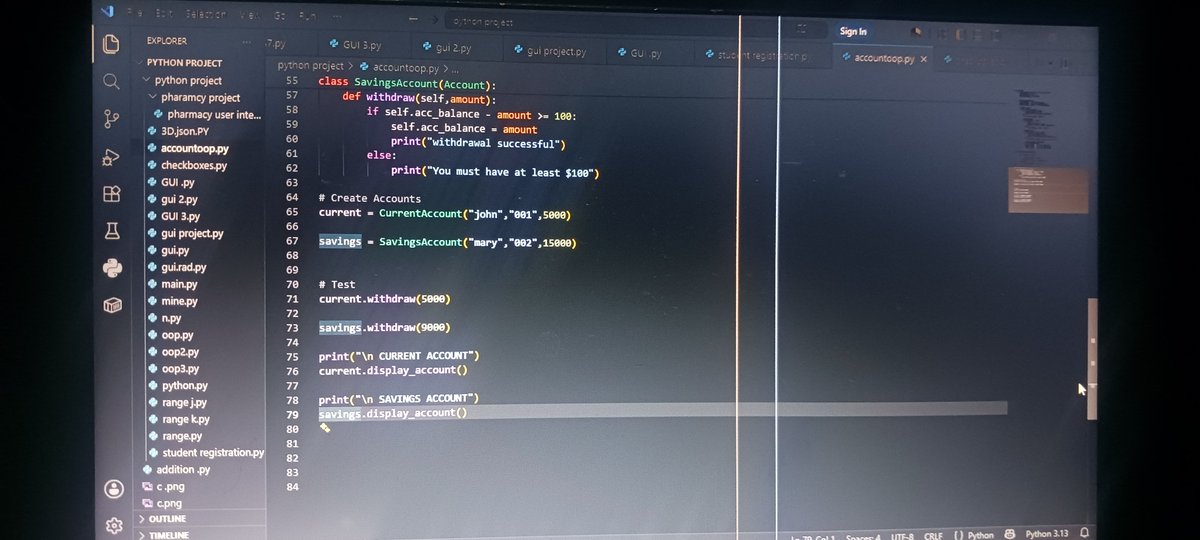awhin34962's tweet photo. **Day 9 of #100DaysOfCode 🚀**
 Built a simple banking system using Python OOP. Learned more about classes, inheritance, methods, and account operations. 💻🐍
>
> #Python #OOP #100DaysOfCode https://t.co/LXolUiPC5z