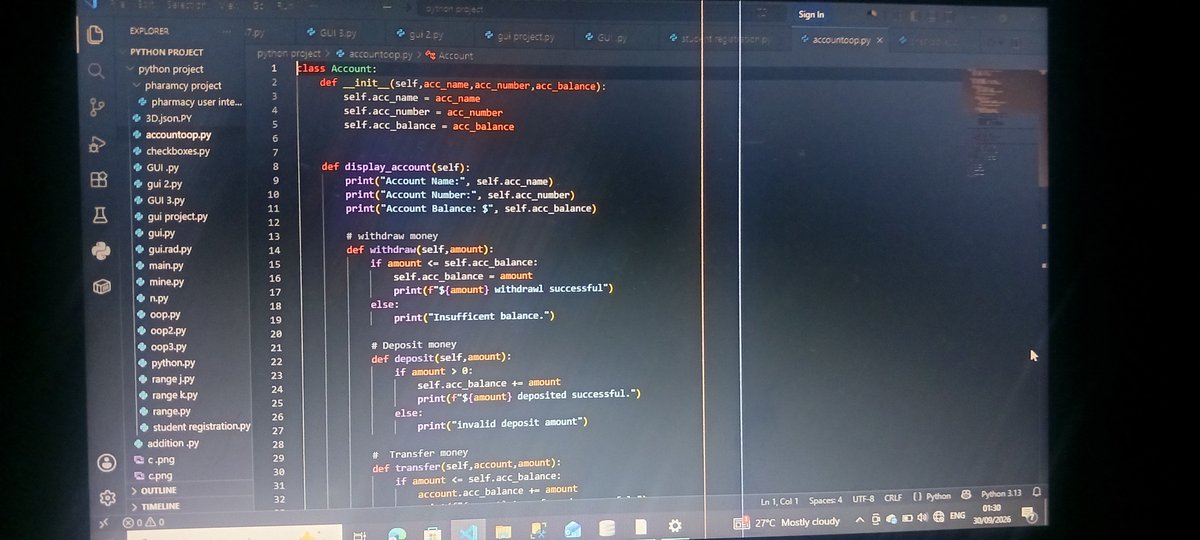 awhin34962's tweet photo. **Day 9 of #100DaysOfCode 🚀**
 Built a simple banking system using Python OOP. Learned more about classes, inheritance, methods, and account operations. 💻🐍
>
> #Python #OOP #100DaysOfCode https://t.co/LXolUiPC5z