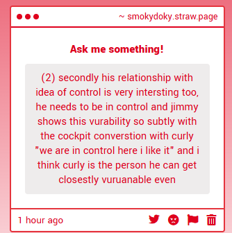 deadfreighter's tweet photo. i couldnt have said it better myself!!! just a bitter lonely ass dude who cant be vulnerable for anyone except for the guy who he cant even figure out if theyre truly friends or if curly just feels sorry for him (imo thats just how i see their relationship) https://t.co/l2TXZdjnov