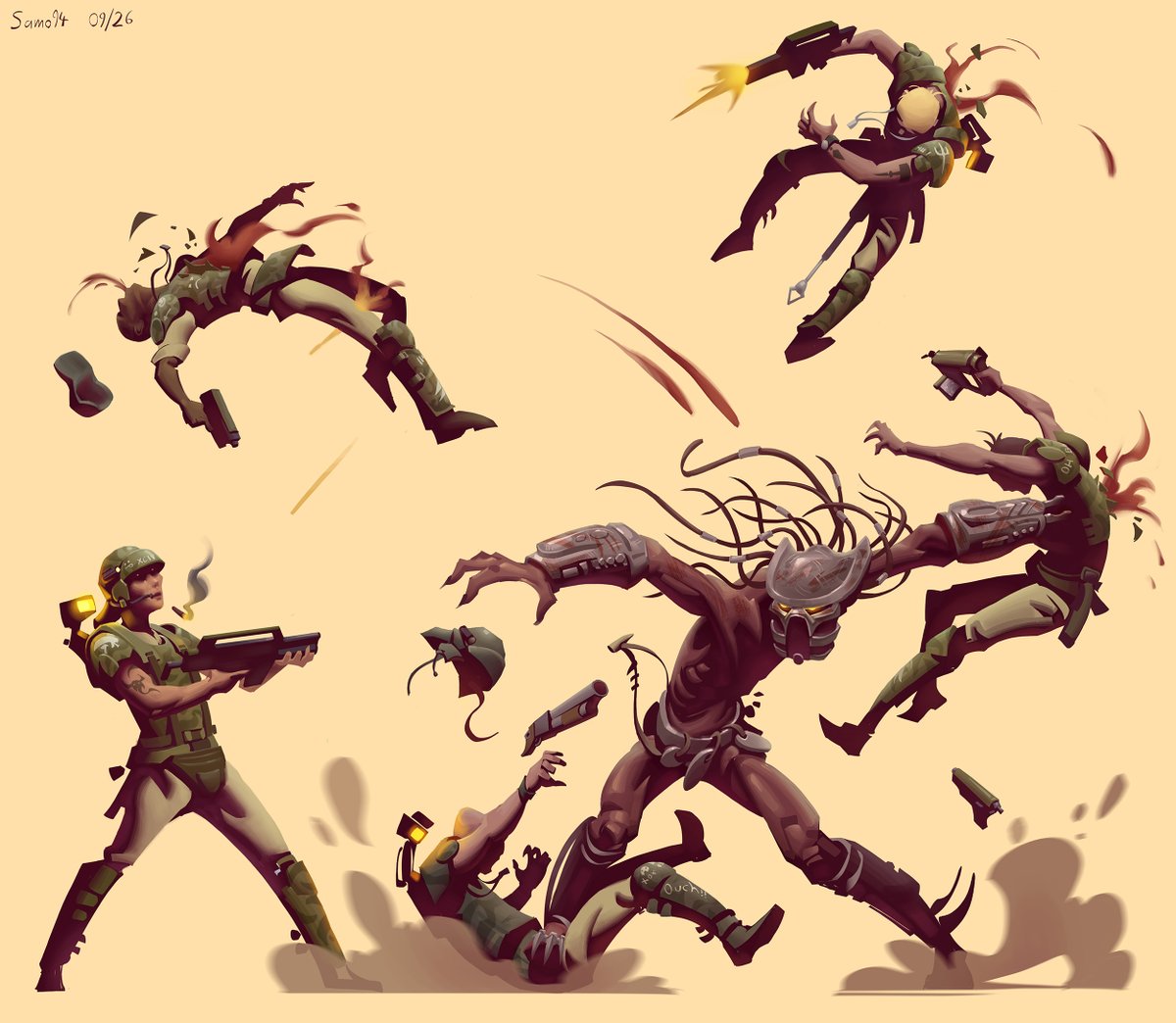 SamoArt94's tweet photo. Ambushed! Colonial marines caught off guard by a savage Predator who shows no mercy, giving them a swift end to their patrol...

#alienvspredator #predatorfanart #predator #yautja #yautjaart #avpfanart #avp #colonialmarines #pulserifle #scifiart https://t.co/YyMYONuncF