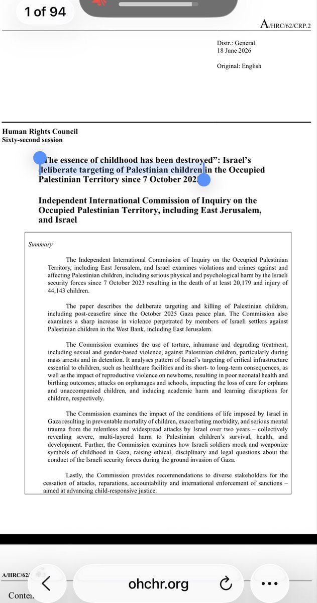 JustinBonomo's tweet photo. This 94 page UN report disagrees with you.

368 individual paragraphs of Israel *intentionally* killing children.

Spend just 3 minutes scrolling through randomly and you’ll begin to understand how monstrous they are.

https://t.co/v5zFJ23jus https://t.co/95cRdwxrG8