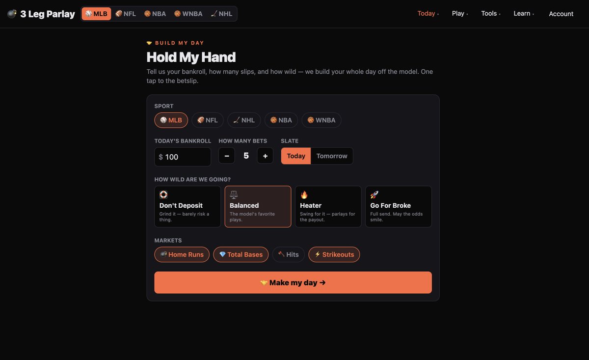 POTDJay's tweet photo. 🤝 NEW: Hold My Hand 🤝

Tell it 3 things — your bankroll, how many bets, and how wild you're feeling (Don't Deposit → 🚀 Go For Broke) — and the model builds your entire day for you. Every play staked, across MLB · NFL · NHL · NBA · WNBA. One tap straight to your betslip.

Stop overthinking your card. Let the model cook 👉 https://t.co/QYweAgFkzH
21+, bet responsibly

...And an awesome X profile rebrand from @Graphicsofliam 

Thank you and see you tomorrow!!❤️