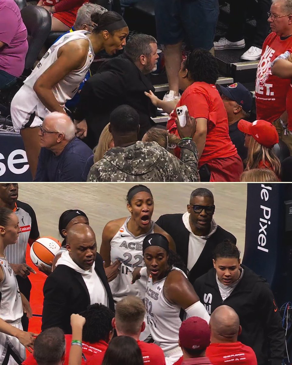 YahooSports's tweet photo. A'ja Wilson was assessed a technical foul after confronting a fan who appeared to shout at her.

The fan was removed from his seat after the exchange. https://t.co/7lGLvuQ5pk