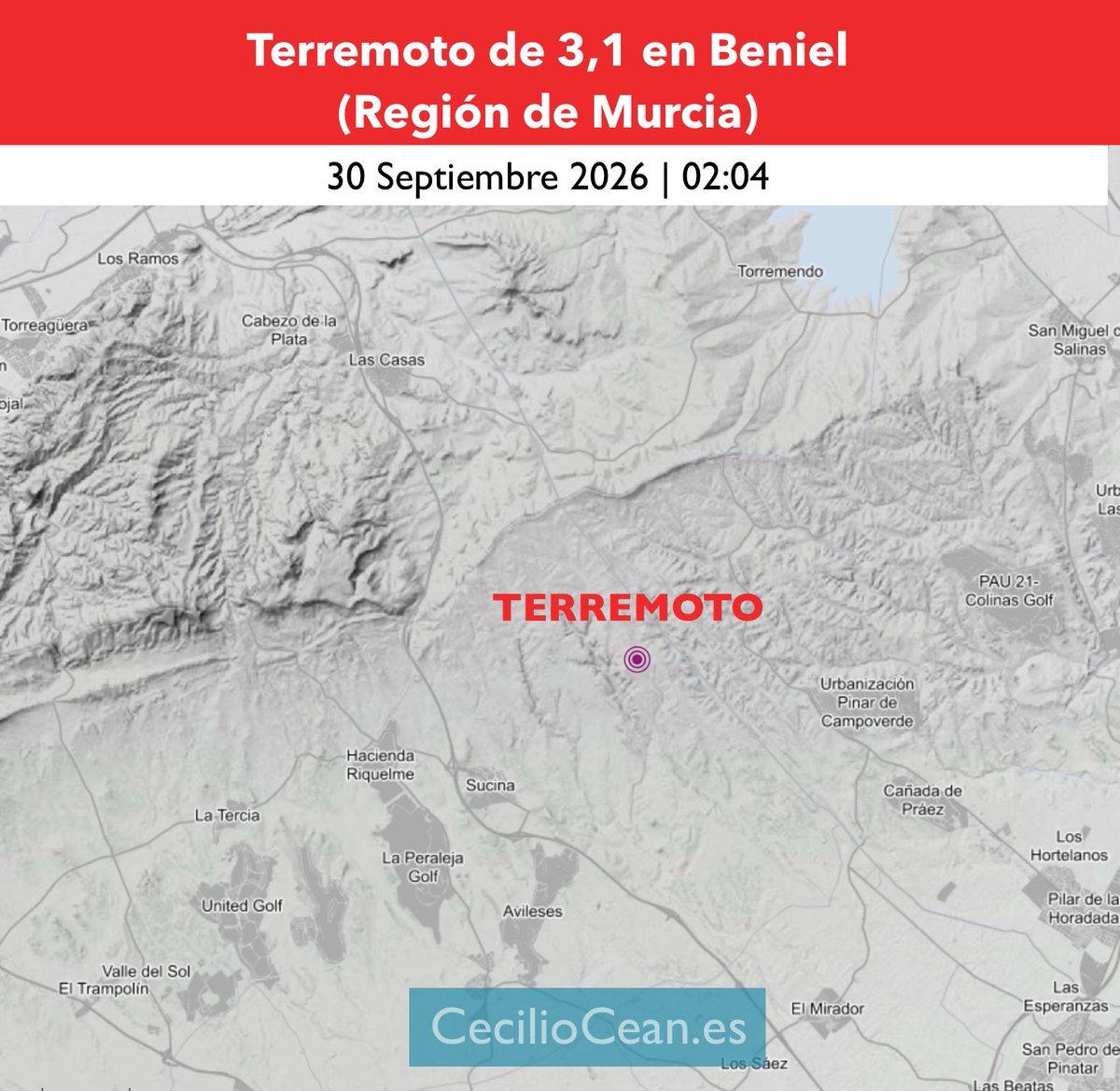 CecilioCean's tweet photo. ‼️#ÚltimaHora | #Terremoto de magnitud 3,1 a las 2:04 en Beniel (Región de Murcia).

Datos provisionales del instituto Geográfico Nacional.
(Actualización de la noticia en breve) https://t.co/PrDASR7q61