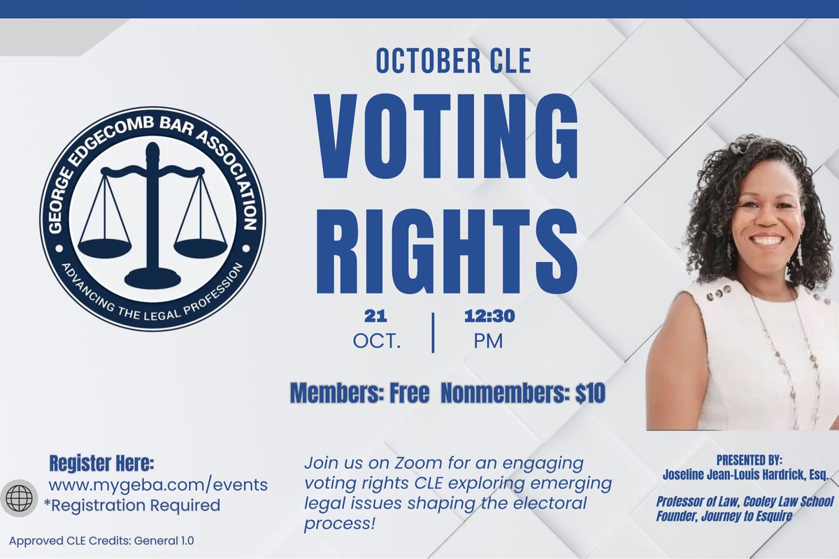 EdgecombBar's tweet photo. 🗳️ Join us for a CLE focused on Voting Rights and the laws governing access to the ballot!
Free for GEBA members and $10 for nonmembers.

Important FL Voter Registration Deadlines:

Registration to Vote: 10/5

Mail-in Ballot Requests: 10/22

Early Voting Period: 10/24 - 10/31 https://t.co/K5dqzG2e7r