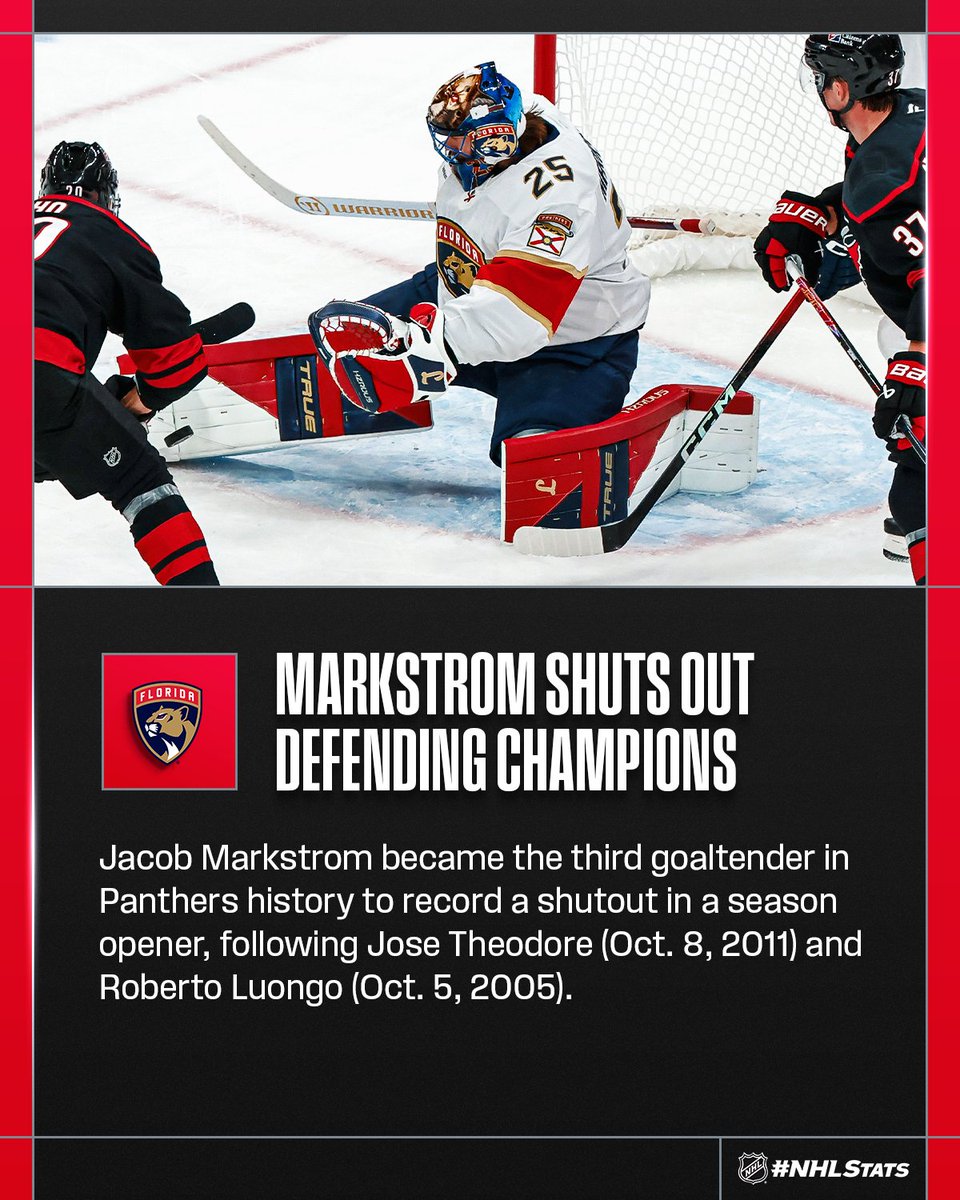 NHLPR's tweet photo. Jacob Markstrom backstopped the @FlaPanthers to victory and helped Florida become the fifth team in @NHL history to shut out the reigning #StanleyCup champions in their season opener. #NHLStats #NHLFaceoff https://t.co/oxYeQKOC52
