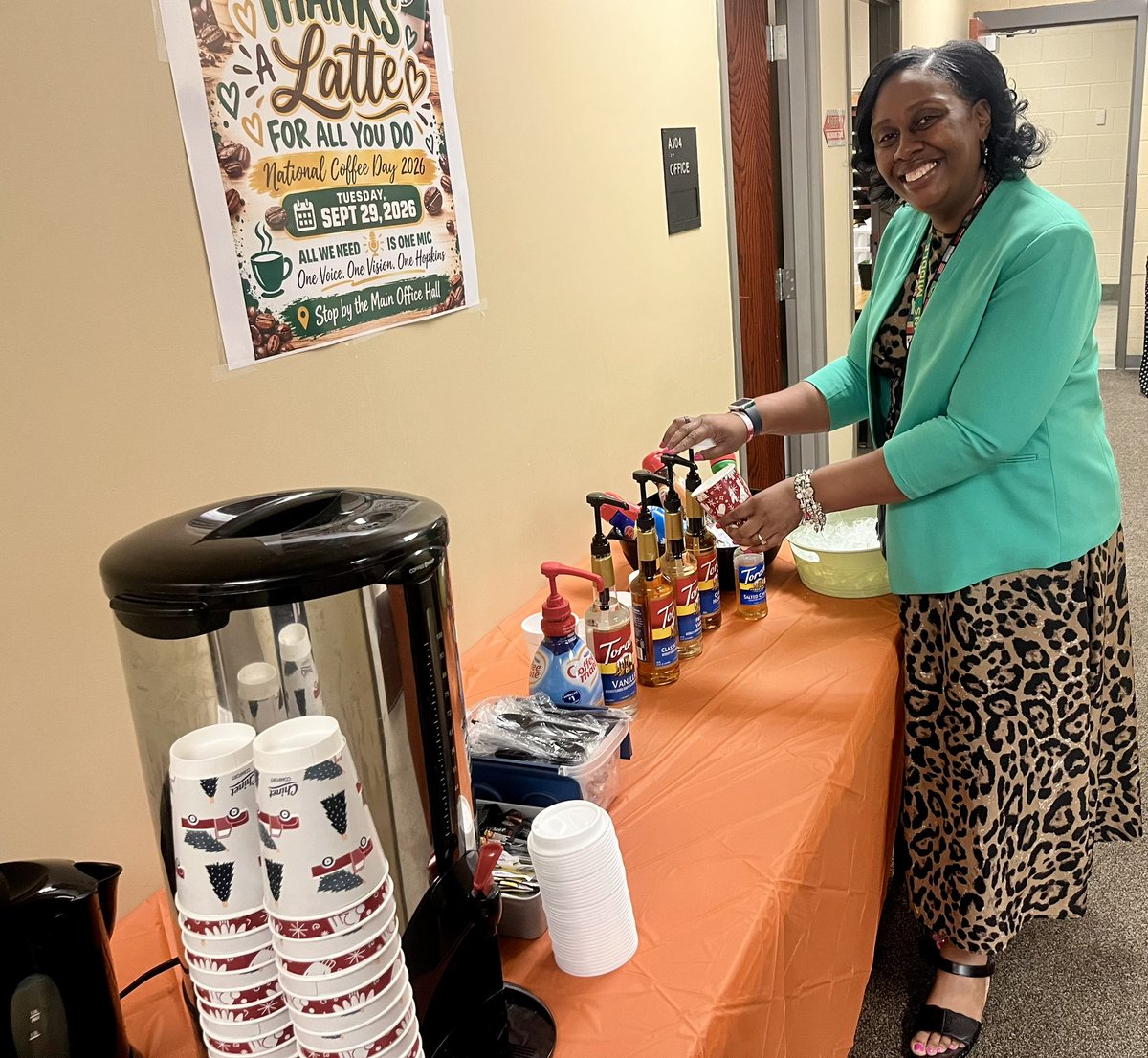 hopkinseagles's tweet photo. We celebrated National Coffee Day with a little caffeine and a whole lot of appreciation! Our staff enjoyed a coffee bar as a small way to say “Thanks a Latte for ALL you do!”

Good coffee, great people, &amp; even better school culture! 
#NationalCoffeeDay #ThanksALatte #OneHopkins https://t.co/ldQB32t6lH