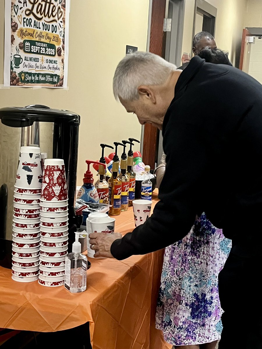 hopkinseagles's tweet photo. We celebrated National Coffee Day with a little caffeine and a whole lot of appreciation! Our staff enjoyed a coffee bar as a small way to say “Thanks a Latte for ALL you do!”

Good coffee, great people, &amp; even better school culture! 
#NationalCoffeeDay #ThanksALatte #OneHopkins https://t.co/ldQB32t6lH