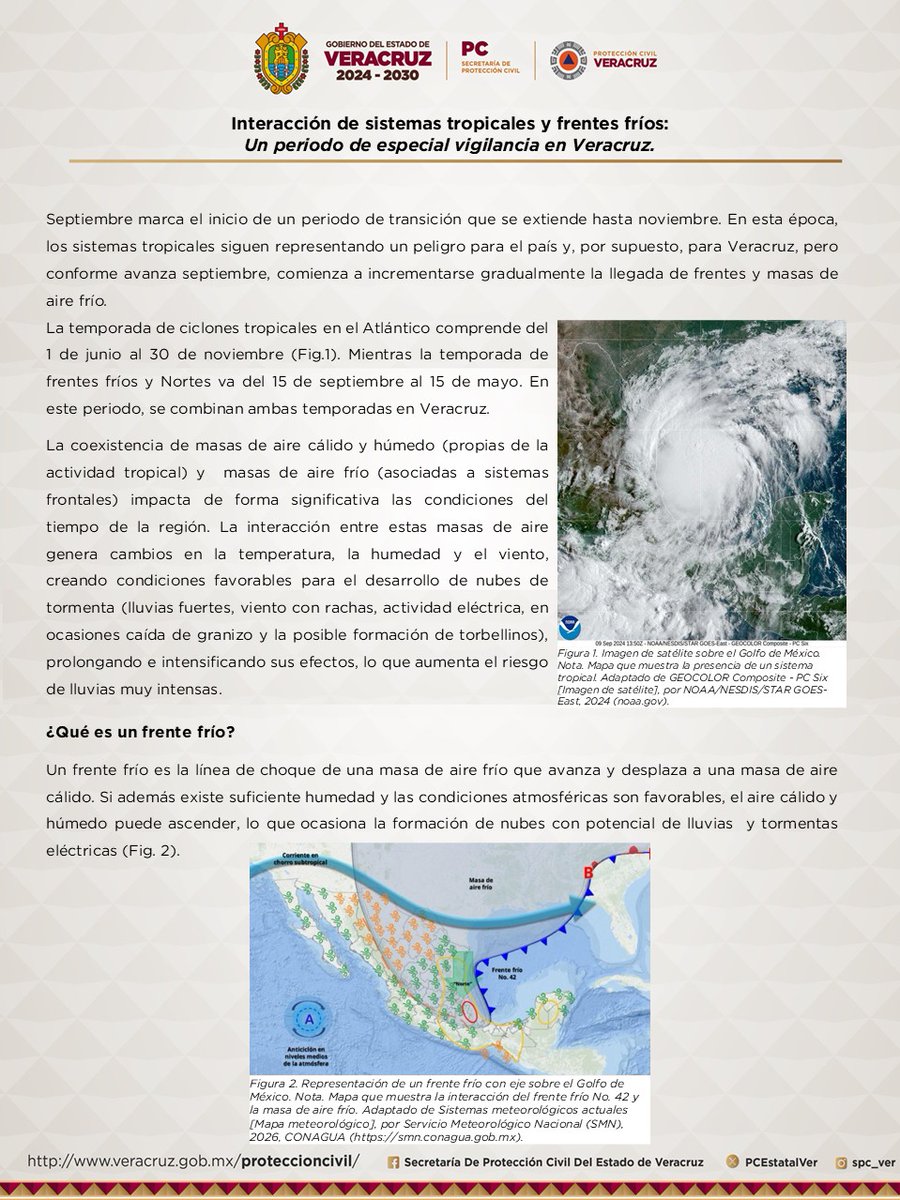spcver_met's tweet photo. 🔎#NotaMensual
29-sep-2026
¿Qué pasa cuando coinciden los sistemas tropicales y los frentes fríos?
En septiembre, la interacción de ambos sistemas puede favorecer lluvias y tormentas más extensas e intensas, rachas de viento y, en algunos casos, granizo o torbellinos. 🌧️🌬️ https://t.co/lTvBl9xD1K