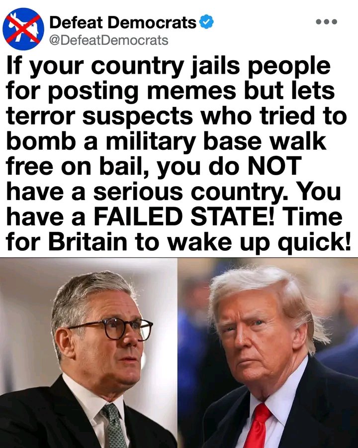 MaureenDodge13's tweet photo. Britain’s sense of proportion has vanished. Citizens now face jail over memes while suspects seized near a military base walk free on bail. That is not seriousness. It is a government fearing speech more than threats to the nation.

A real state protects its people first. Two-tie https://t.co/1zaQsf4UiM