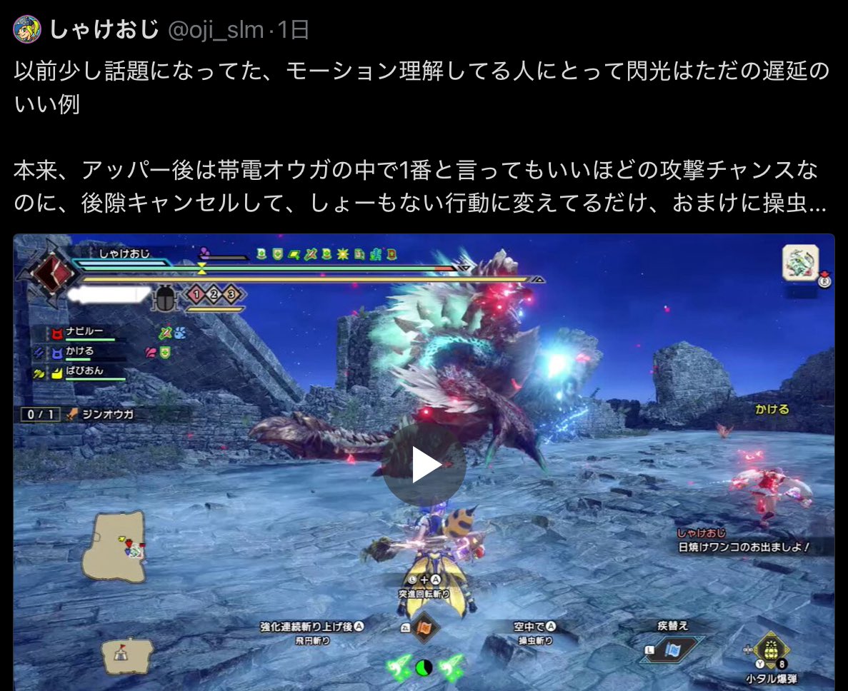 8964RS's tweet photo. 爆弾，ガス蛙、主目標誘拐等の行動妨害や鉄甲榴弾，拡散弾、放散弾、円月等の視覚妨害、戦闘放棄や非弱点属性、クエスト開始から二分経過しても合流しない等の寄生に該当せず，その他言動に問題がなければ��本的に野良では想定外の事態が起きることを前提に動いてるから，この人とは対極的だね自分は https://t.co/PMNdNrIuBI