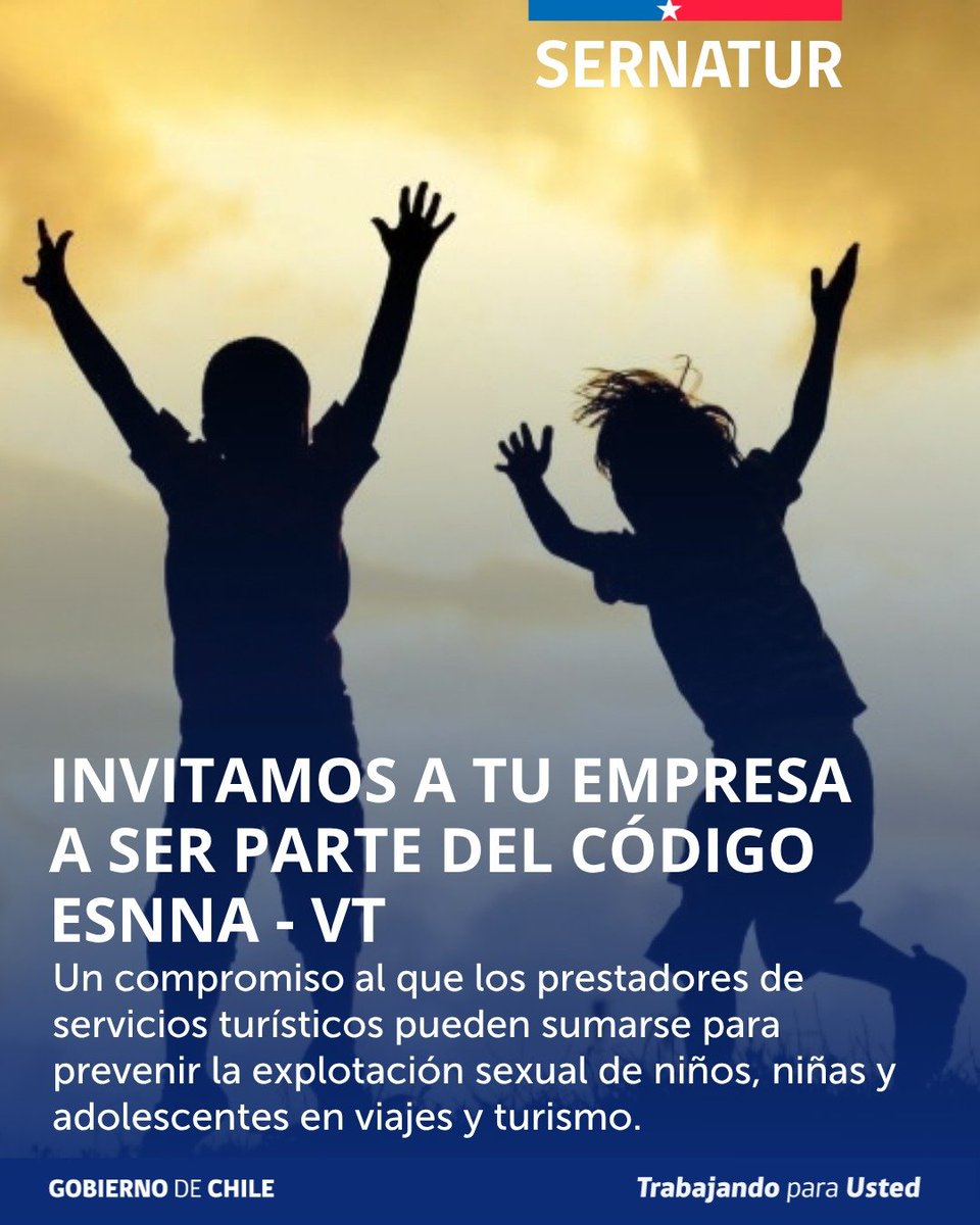 Sernatur2's tweet photo. Sernatur Antofagasta invita a adherirse al Código ESNNA-VT, un compromiso con la prevención de la Explotación Sexual de niños, niñas y adolescentes en viajes y turimo. 
Juntos construyamos un turismo seguro en la región de Antofagasta🤝🏻

Más información👇🏻 https://t.co/hnuNbWHTVJ https://t.co/rdGAimWNAT