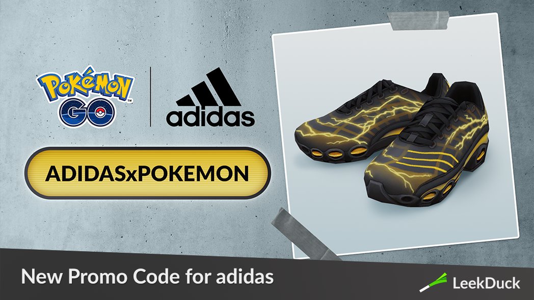 LeekDuck's tweet photo. All Trainers can redeem the code ADIDASxPOKEMON to get a pair of adidas shoes for their in-game avatar.

Quick Redeem: https://t.co/kyut9OGPxZ
All Promo Codes: https://t.co/GwxyY7kaEW https://t.co/9dEpXpewKV