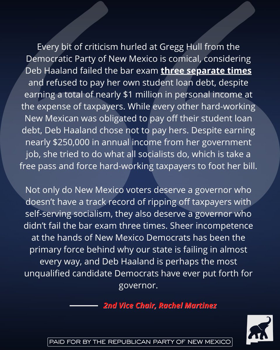 NewMexicoGOP's tweet photo. 🚨 New Mexico deserves a governor who didn't fail the bar exam 3 TIMES! It also deserves a governor who doesn't have a history of RIPPING OFF taxpayers.

RPNM releases the following statement in response to the latest round of attacks from @NMDEMS ⬇️ https://t.co/VvxgkQ9WNt